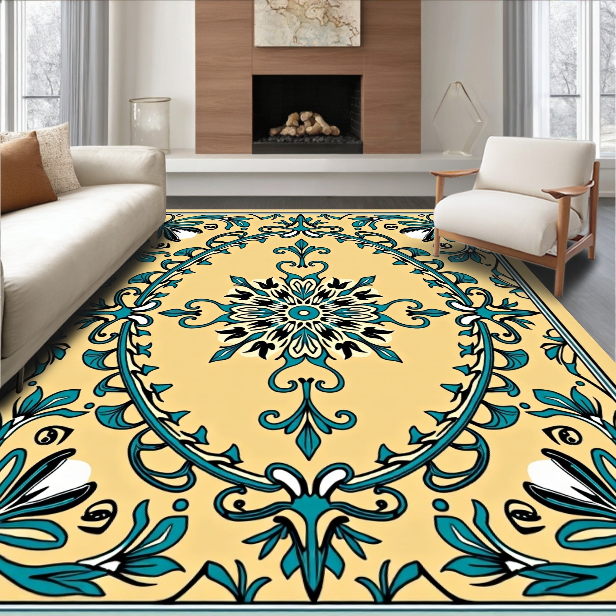 Golden Teal Floral Scroll Mandala Rug