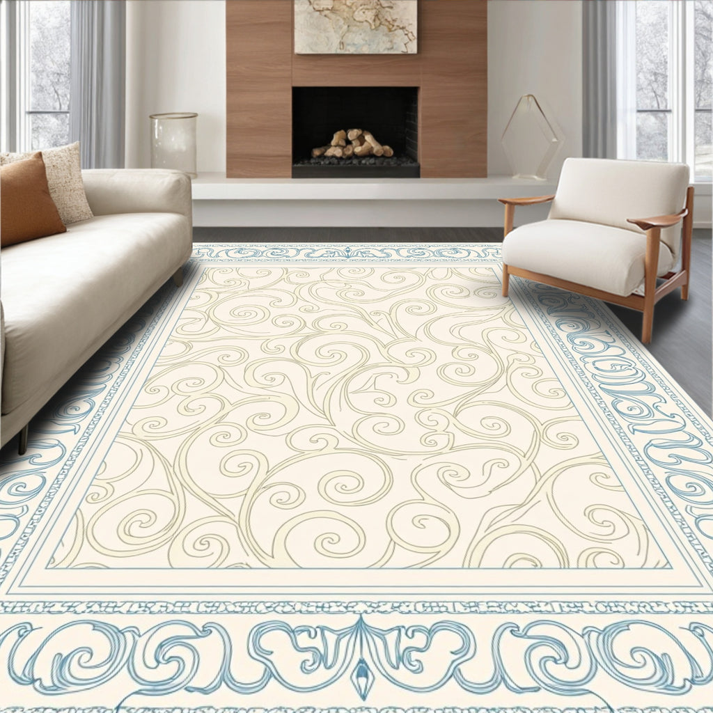 Ornate Blue on Cream Swirl Border Rug