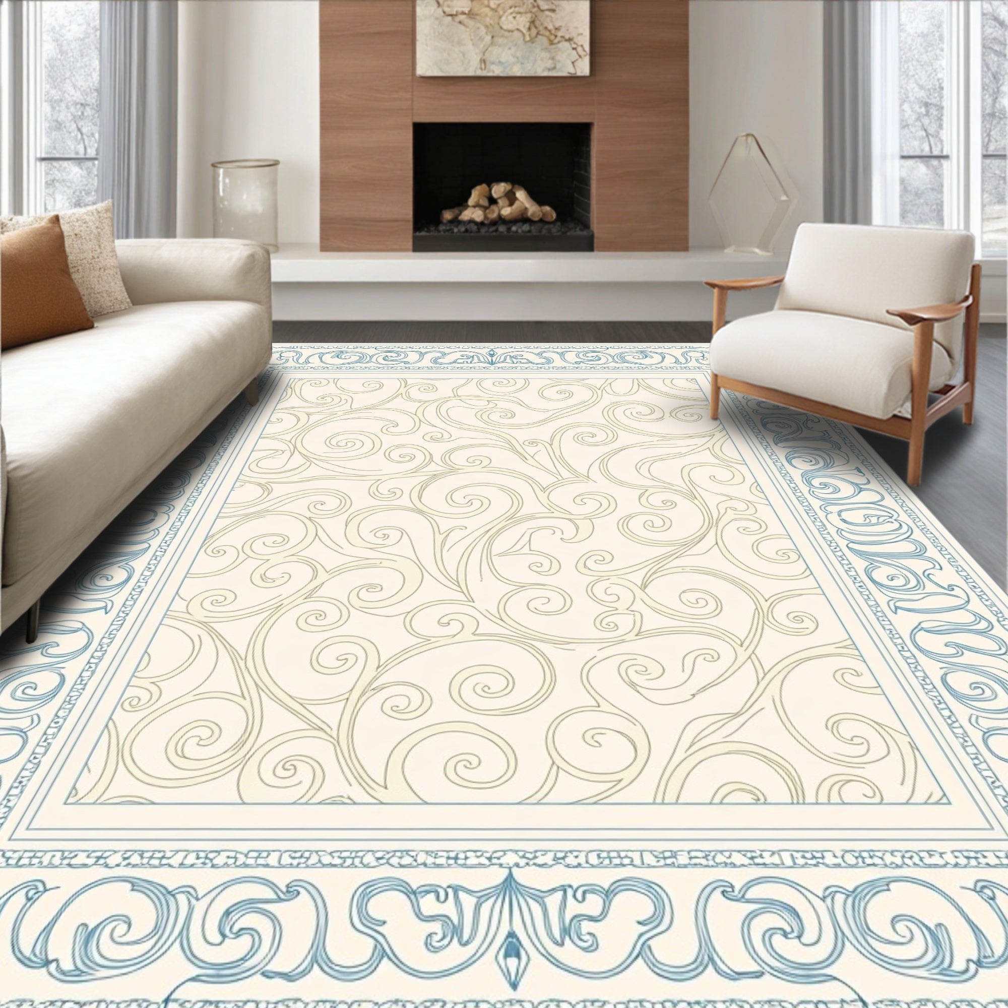 Ornate Blue on Cream Swirl Border Rug