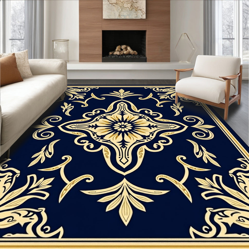 Deep Blue Classic Floral Scroll Arrangement Rug
