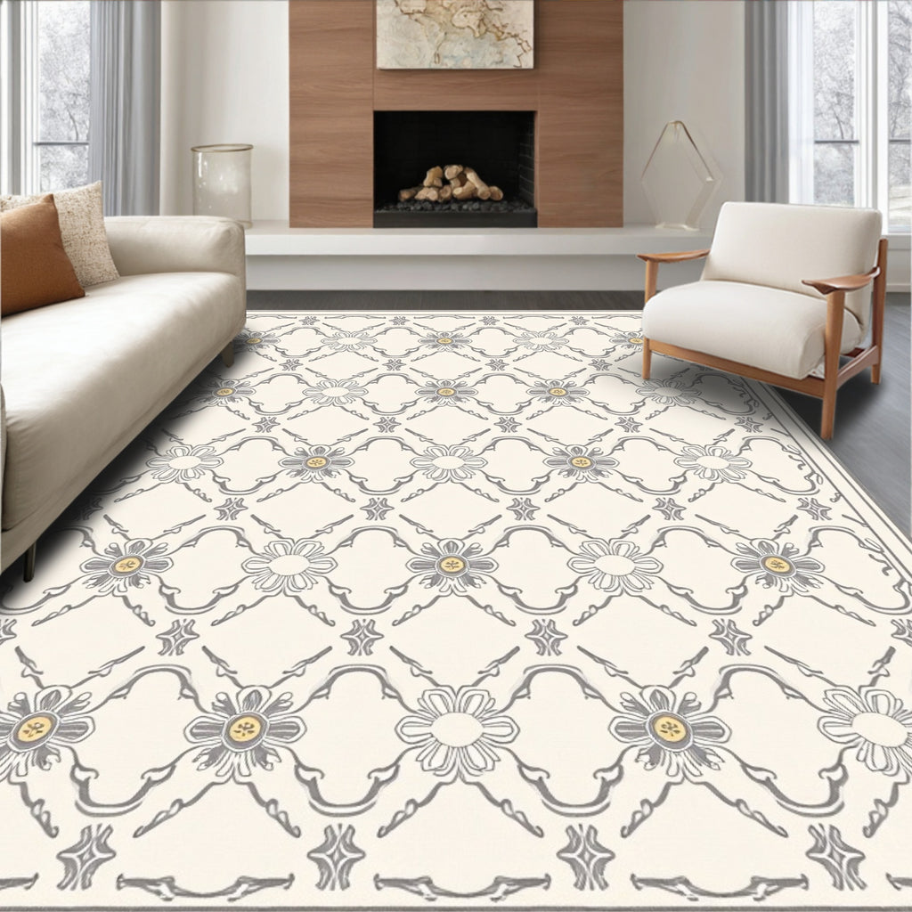 Neutral Grey Floral Trellis With Gold Accents Rug