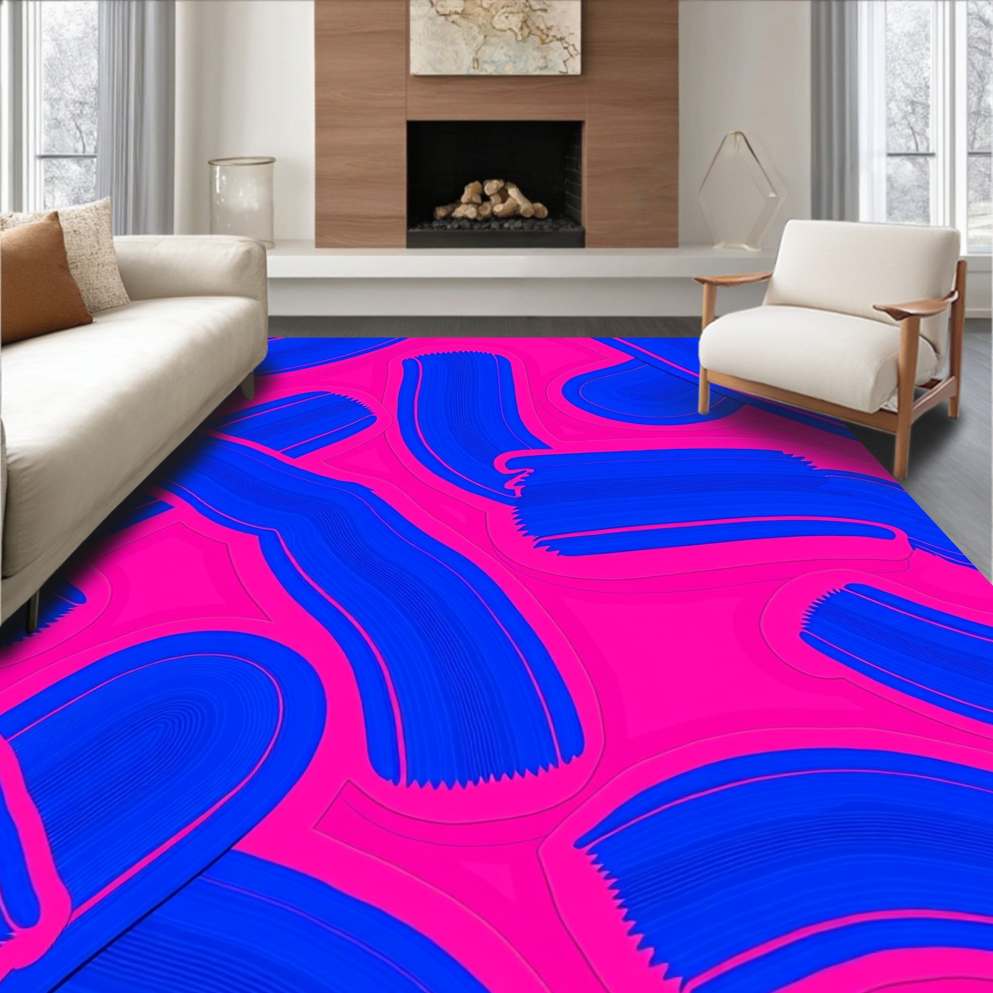 Bold Blue Brushstroke Pink Abstract Rug