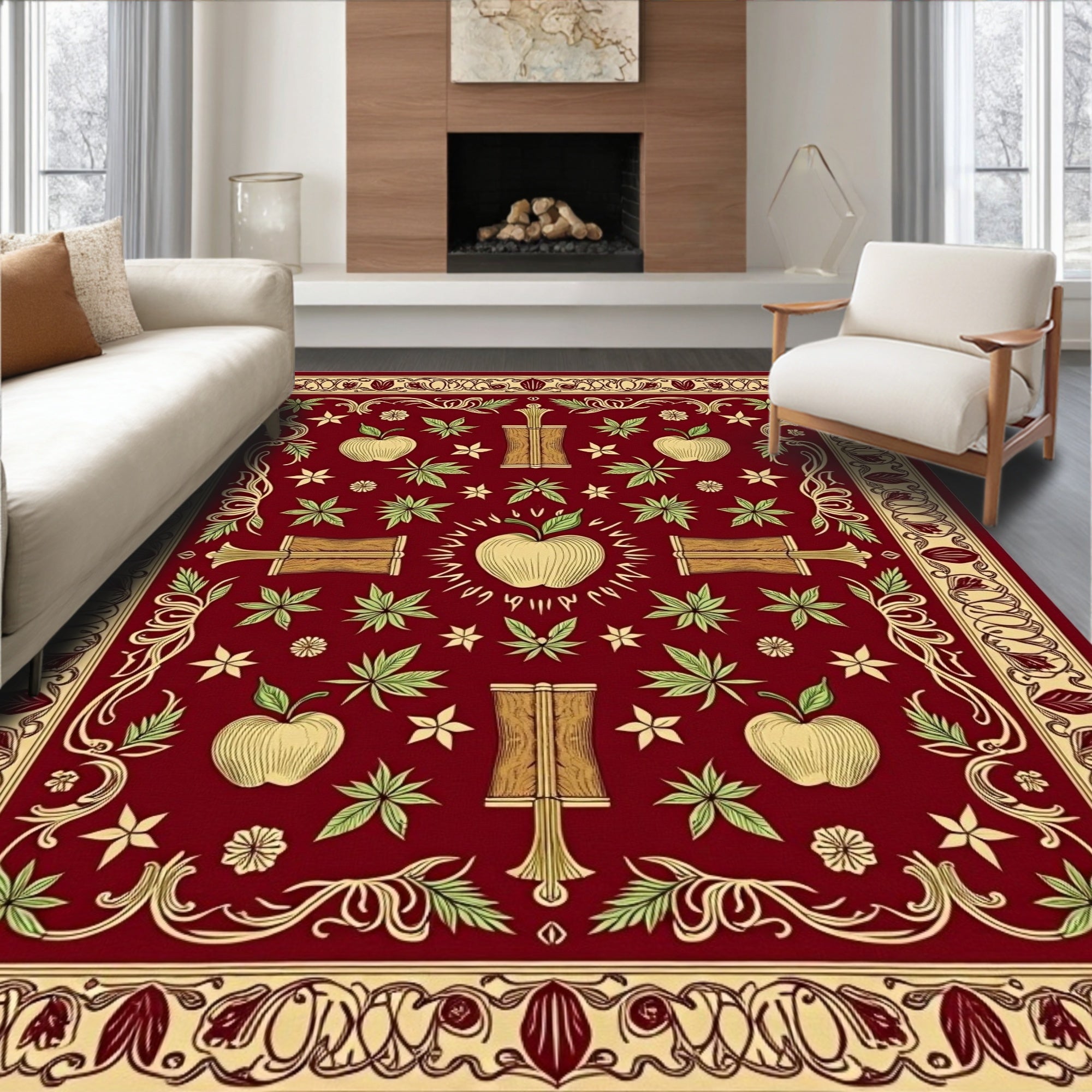 Gilded Crimson Apple Floral Border Rug