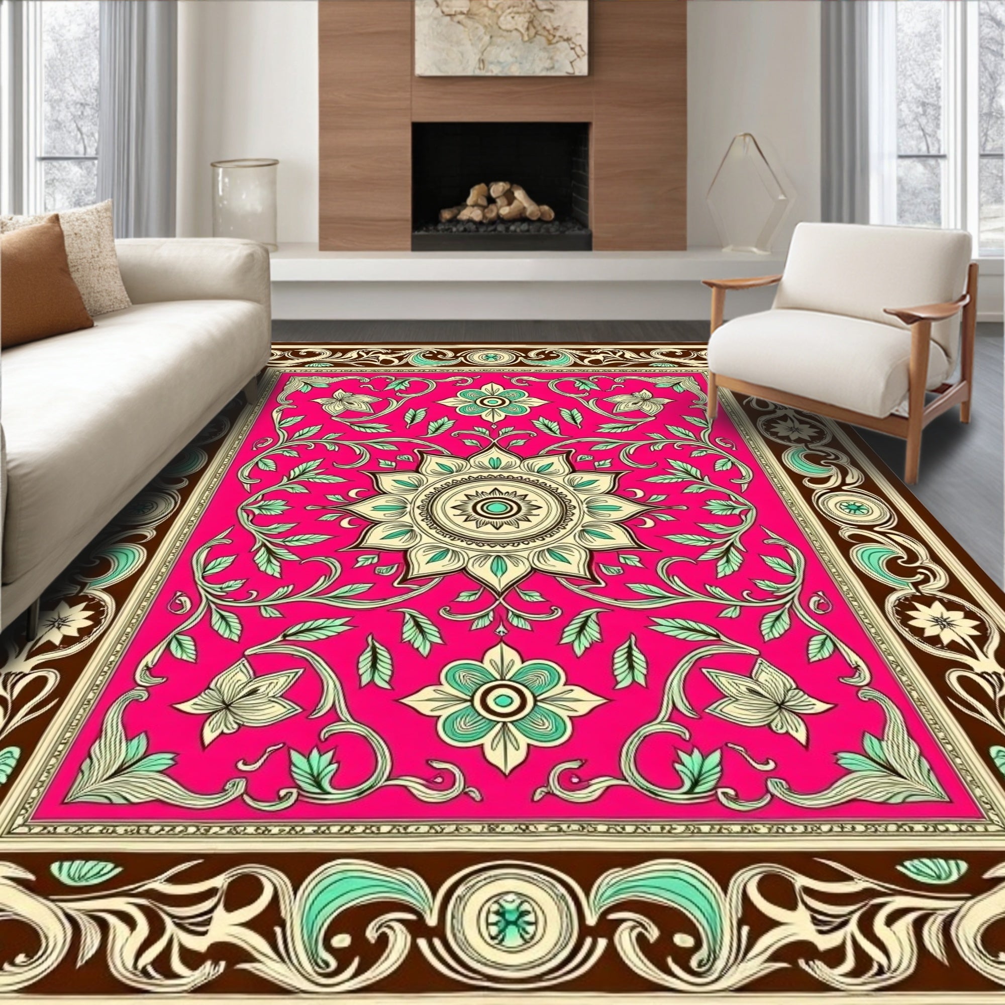 Vivid Pink Floral Vine Border Rug