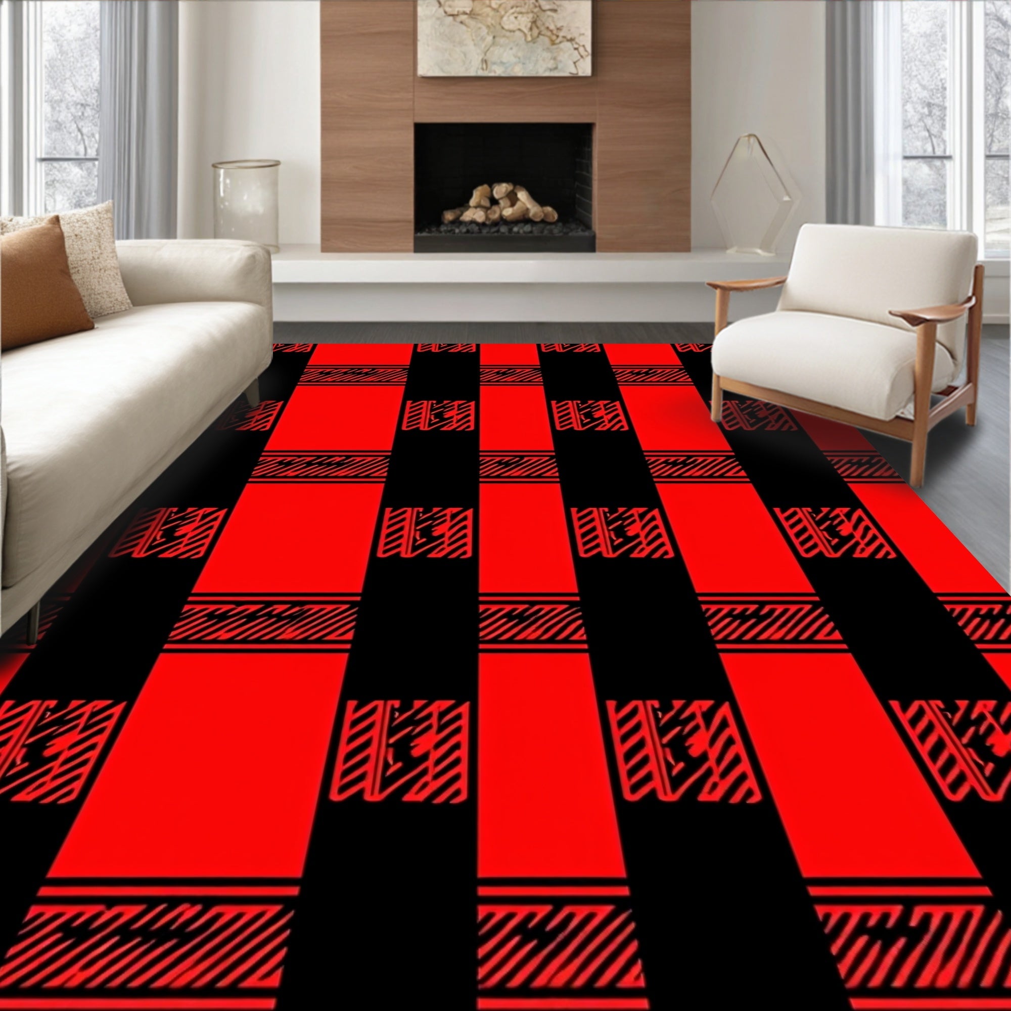 Red Black Buffalo Plaid Grid Rug