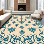 Teal Orange Floral Scroll Frame Rug