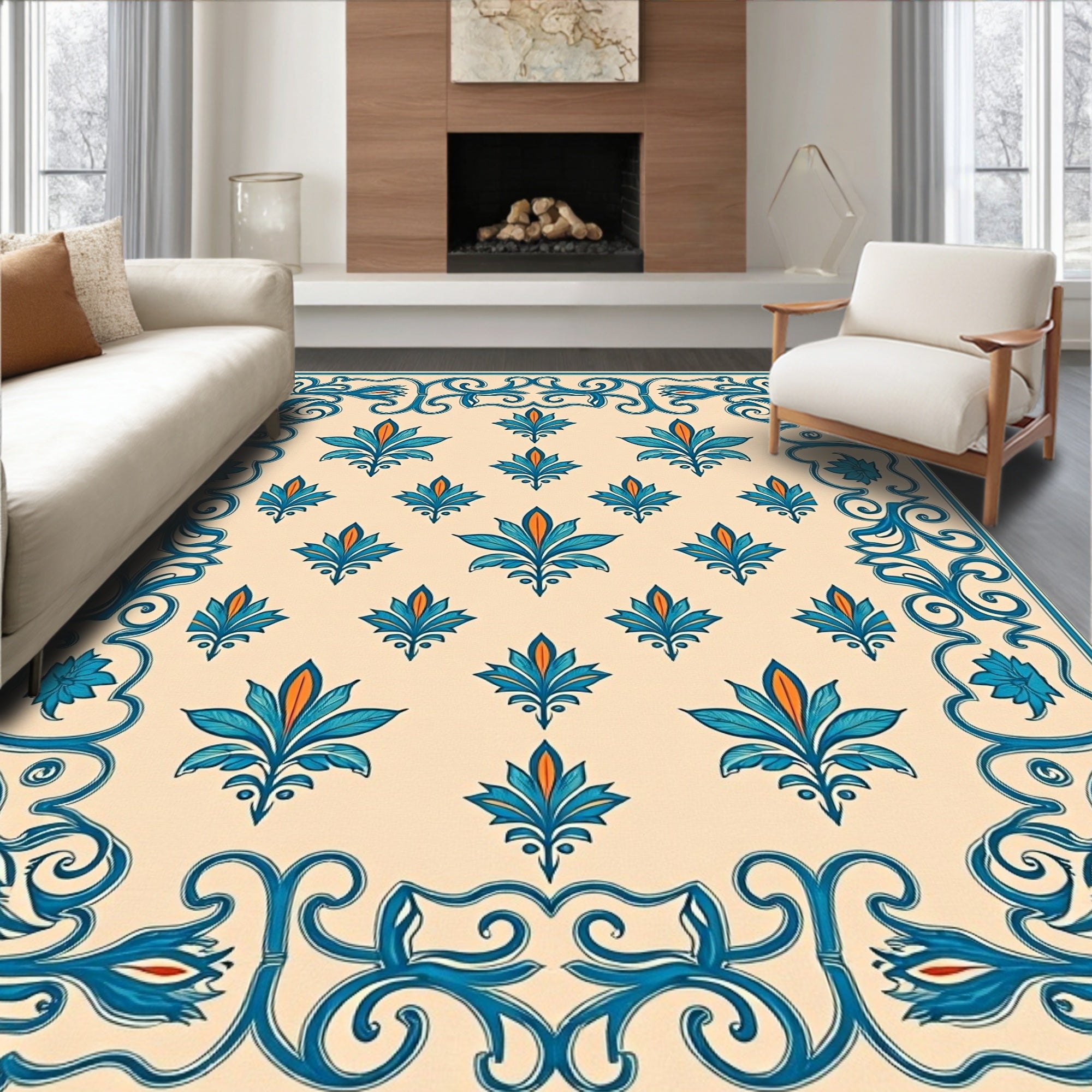 Teal Orange Floral Scroll Frame Rug