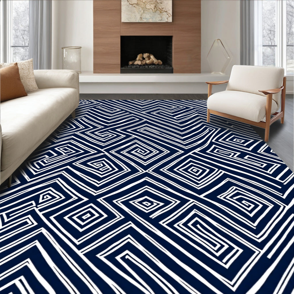 Navy White Hand Drawn Geometric Maze Rug