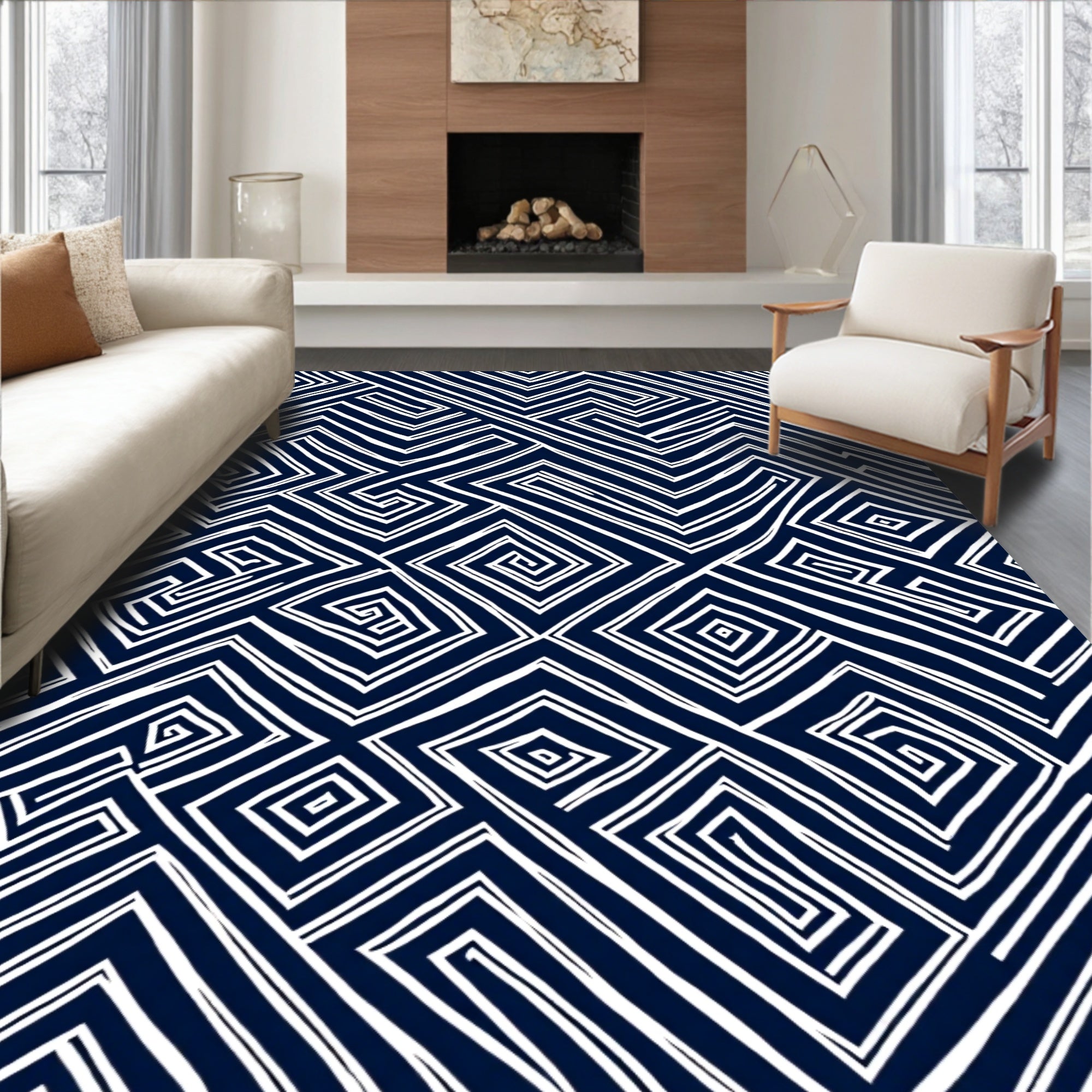 Navy White Hand Drawn Geometric Maze Rug