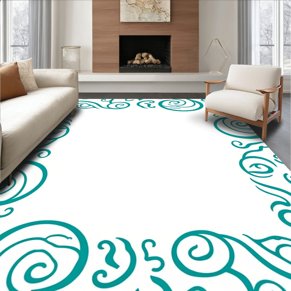 Teal Swirl Scroll Border Design Rug