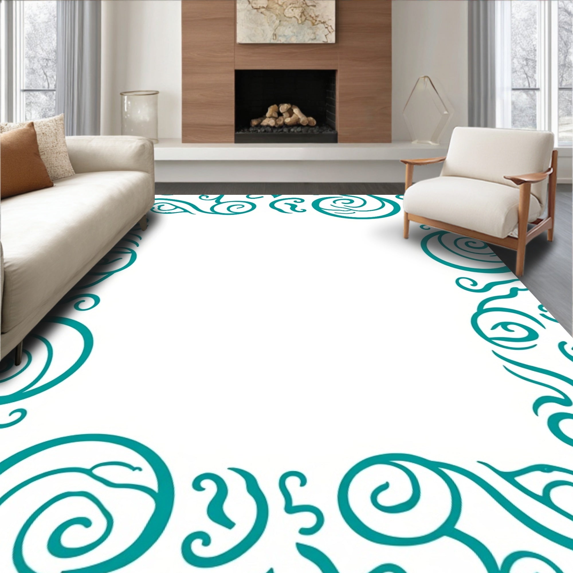Teal Swirl Scroll Border Design Rug