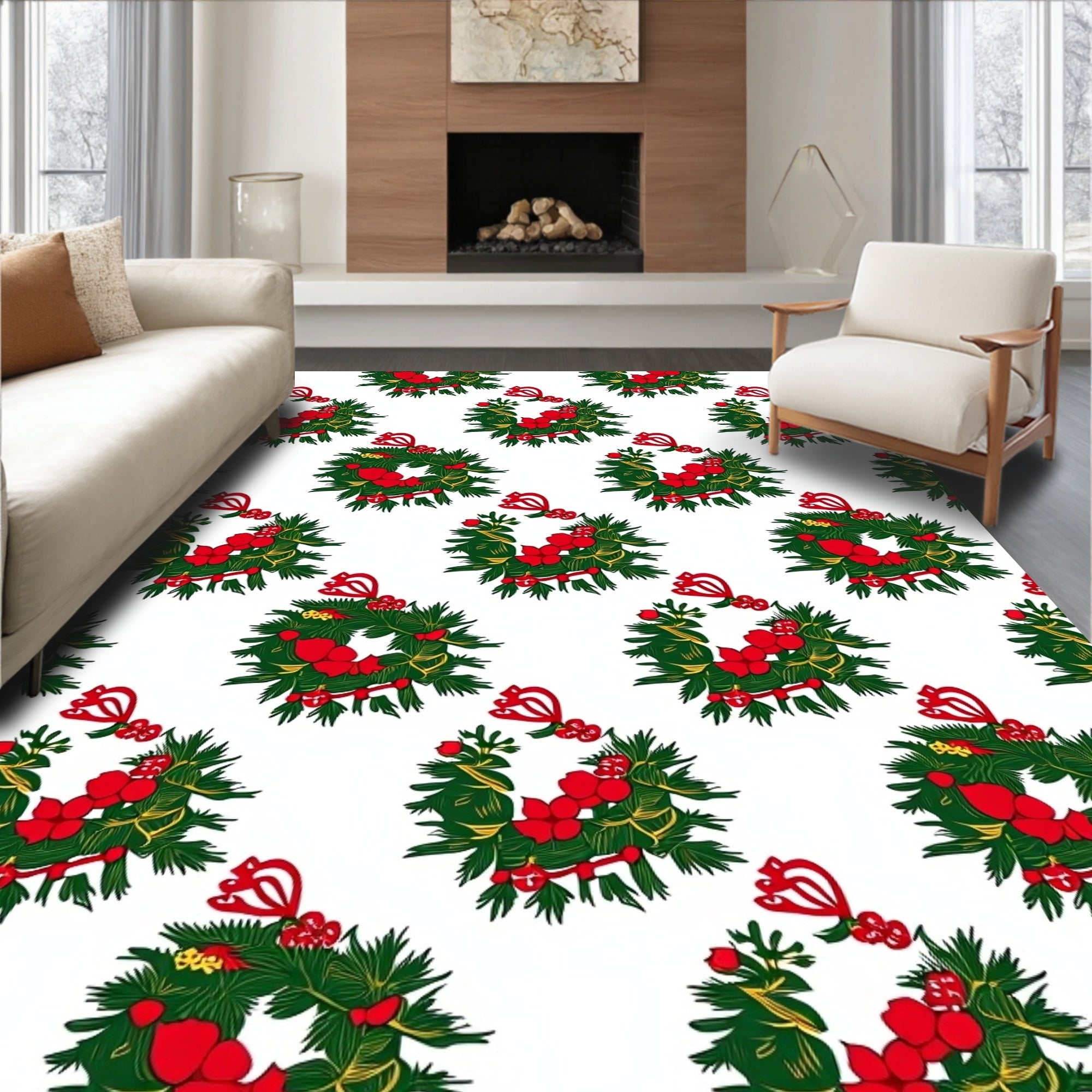 Green Pine Wreath Red Bow Scatter Rug