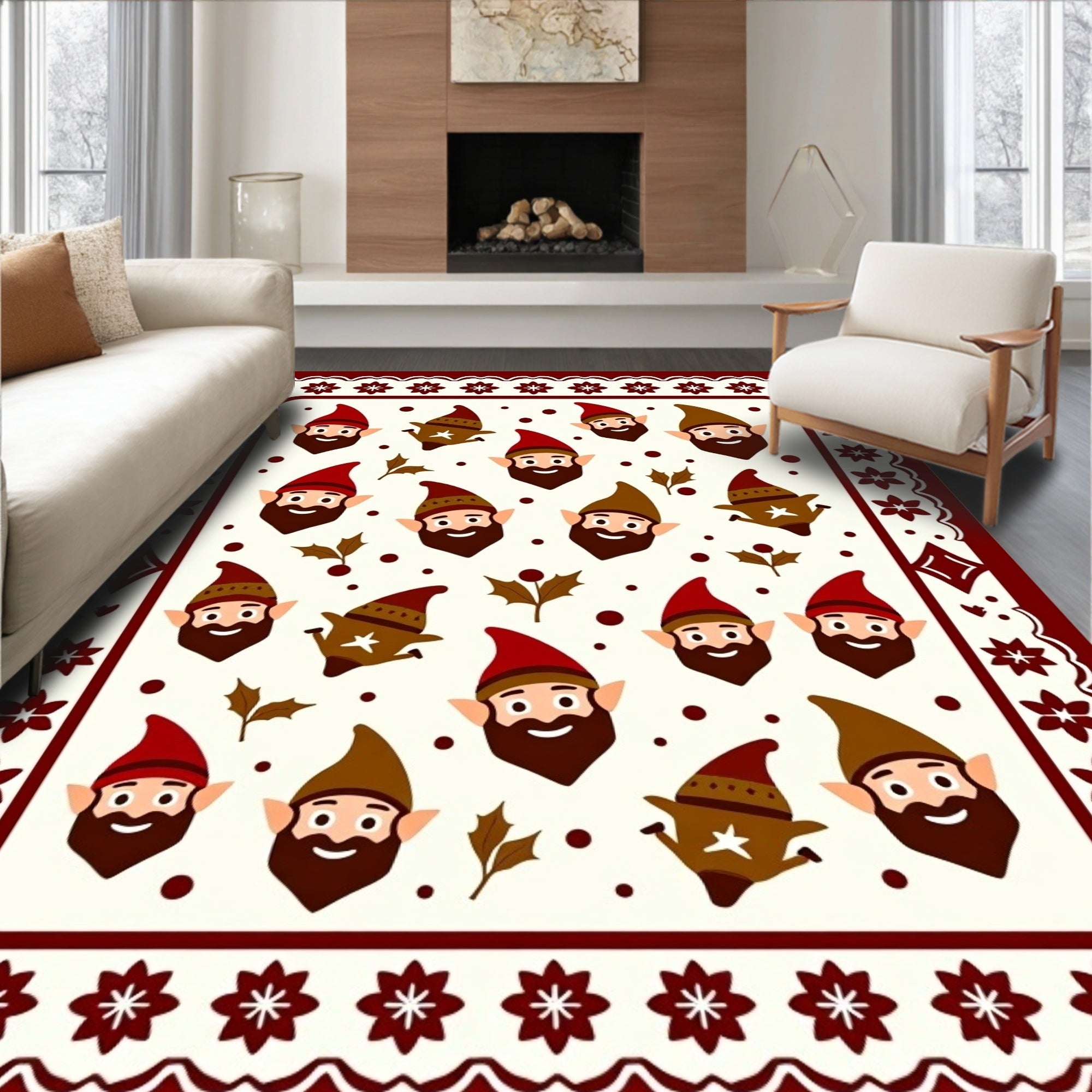 Holiday Gnome Border with Holly Sprigs Rug