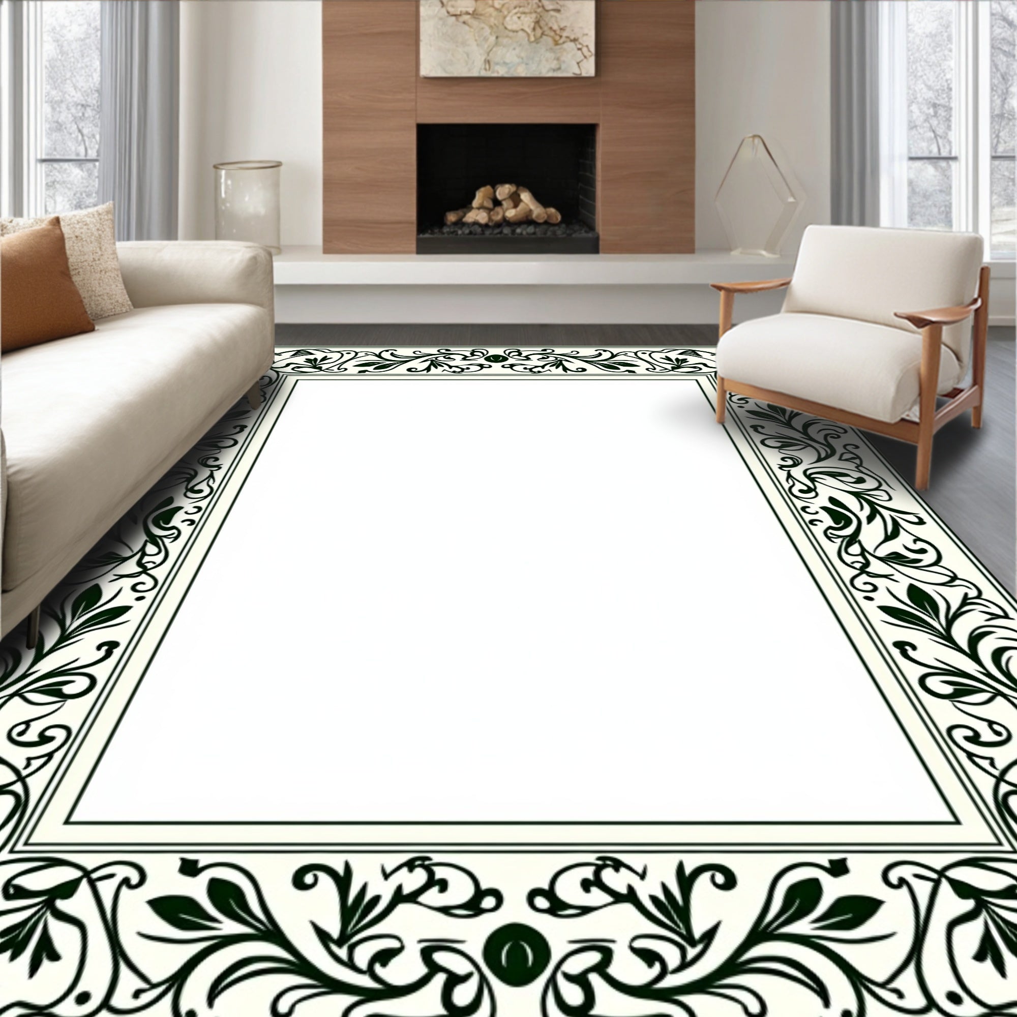 Off-White Green Floral Border Rug