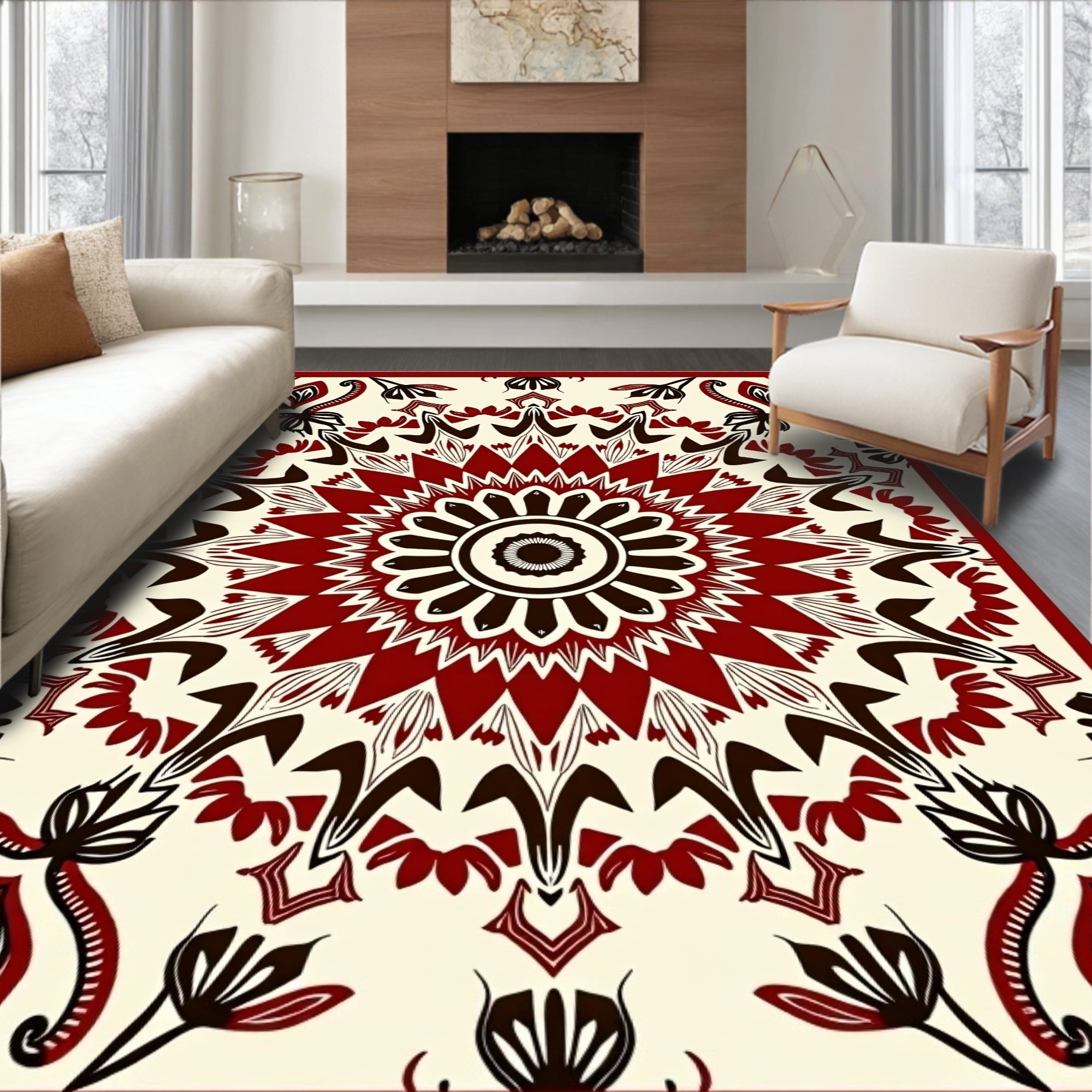 Crimson Medallion Floral Mandala Rug