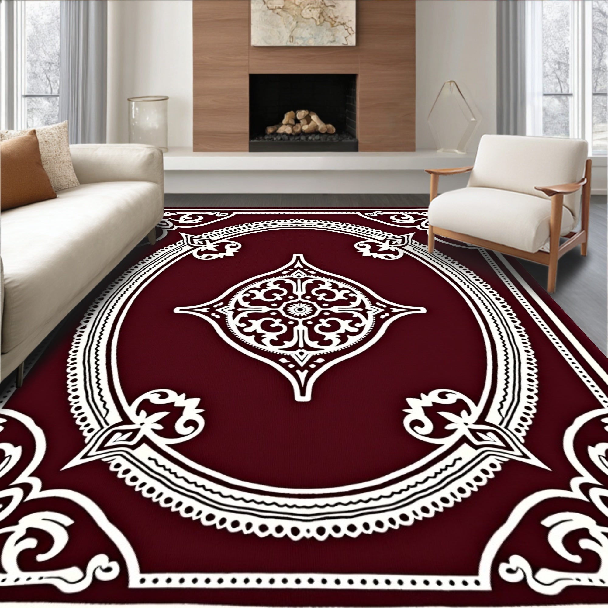 Crimson White Ornate Floral Medallion Rug