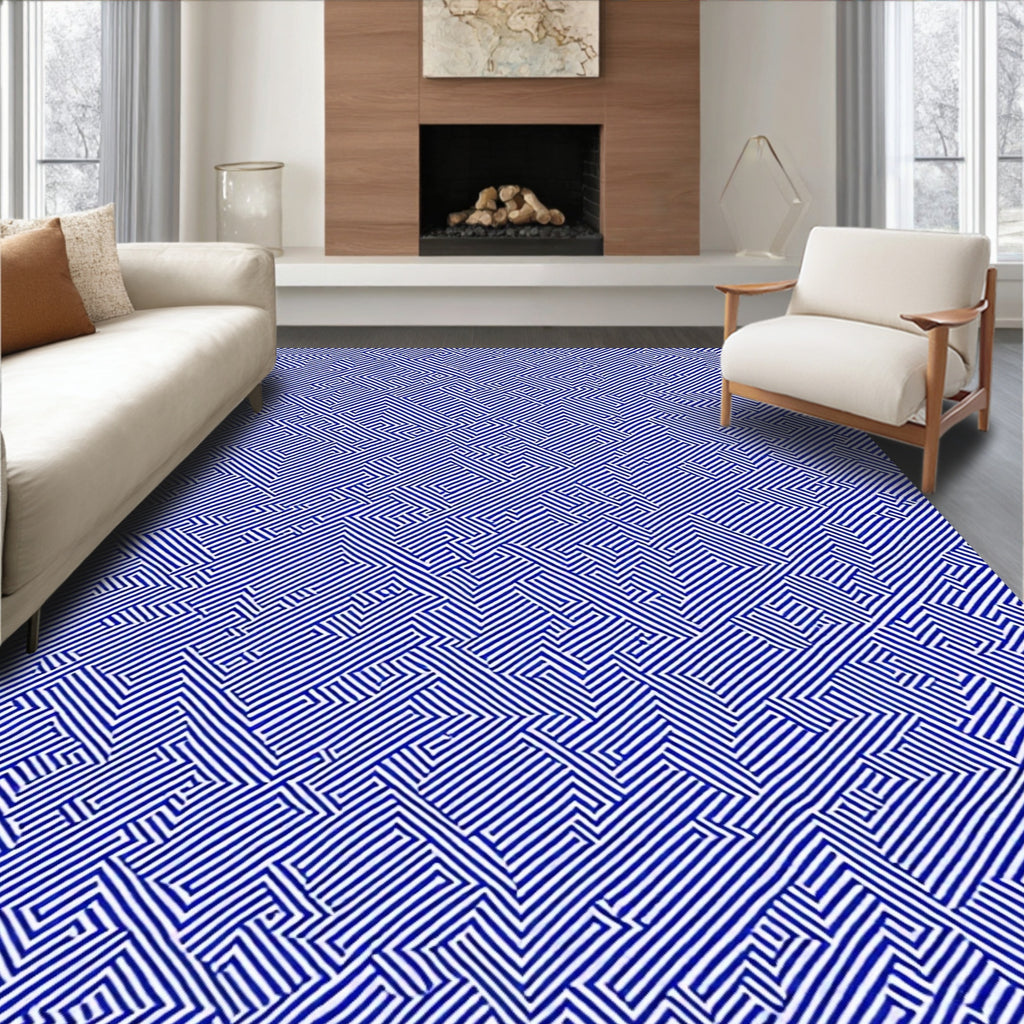 Navy White Geometric Maze Rug
