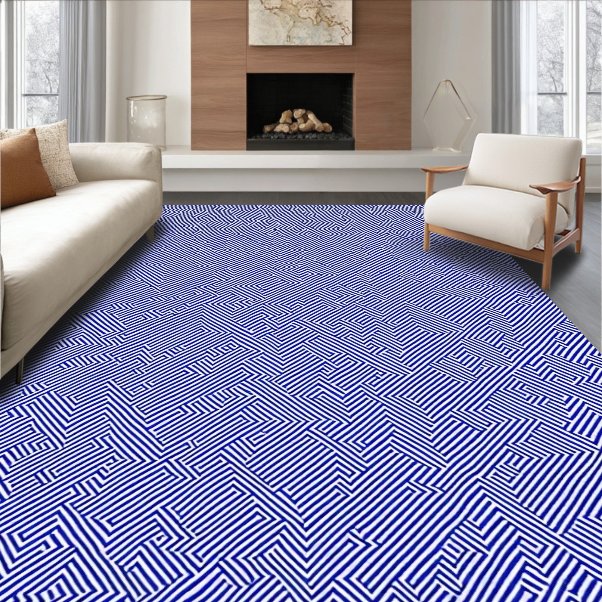 Navy White Geometric Maze Rug
