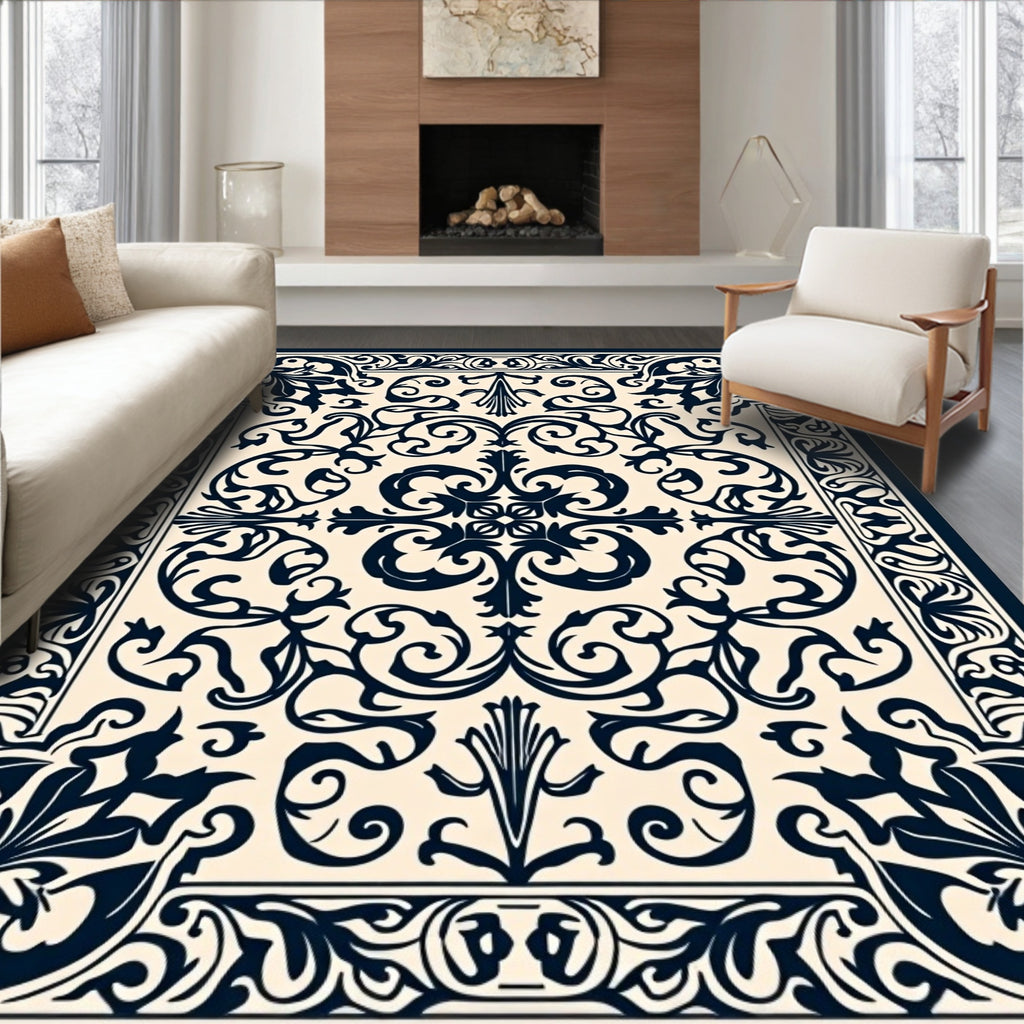 Cream and Navy Baroque Floral Scroll Rug