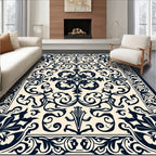 Cream and Navy Baroque Floral Scroll Rug