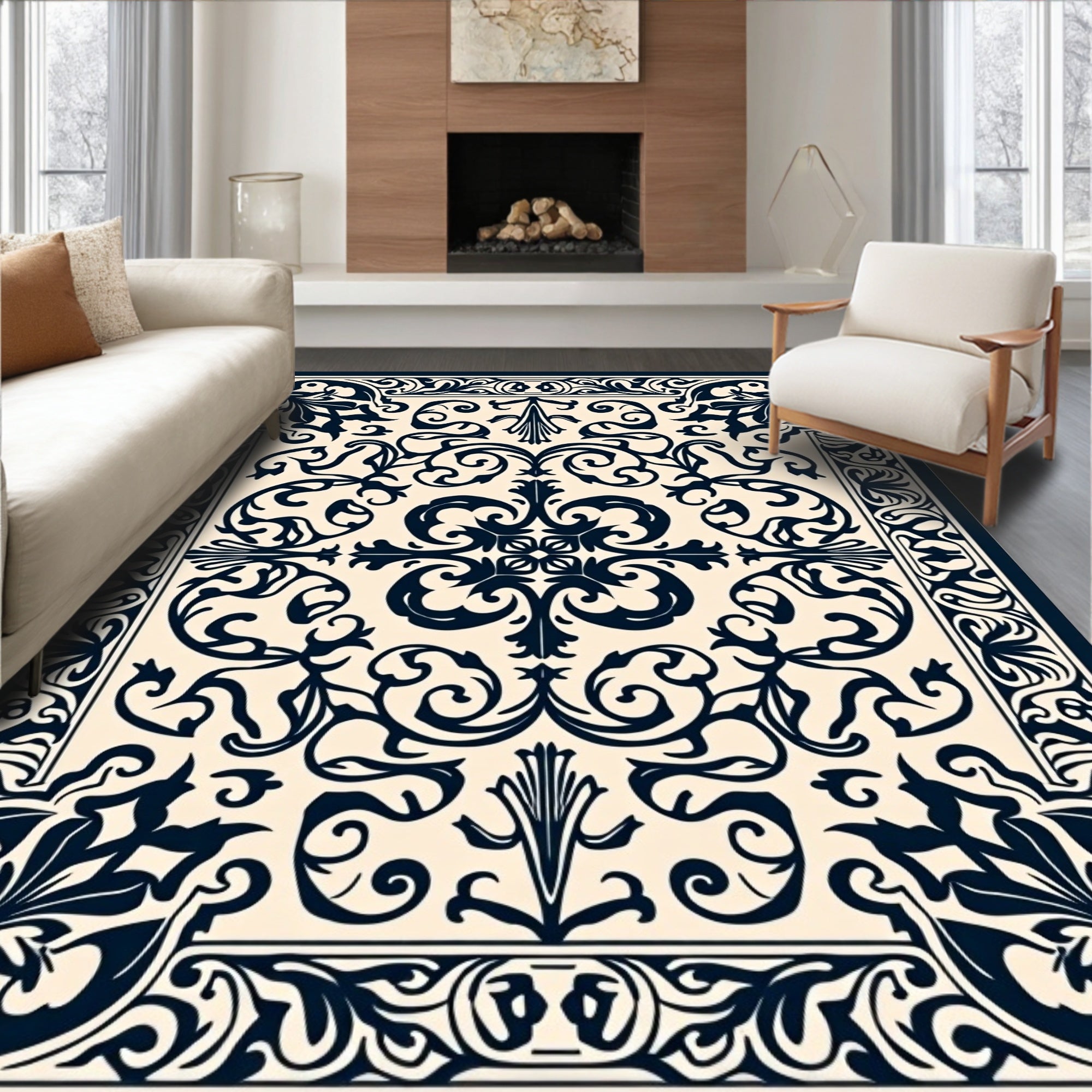 Cream and Navy Baroque Floral Scroll Rug
