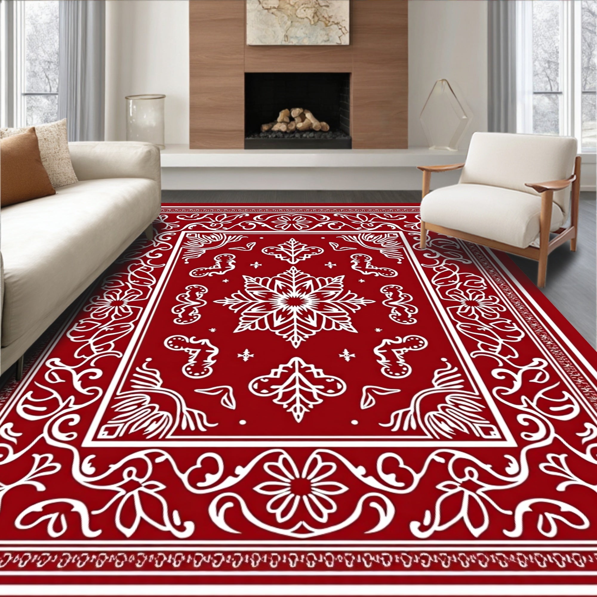 Ruby Red Swirl Floral Border Rug