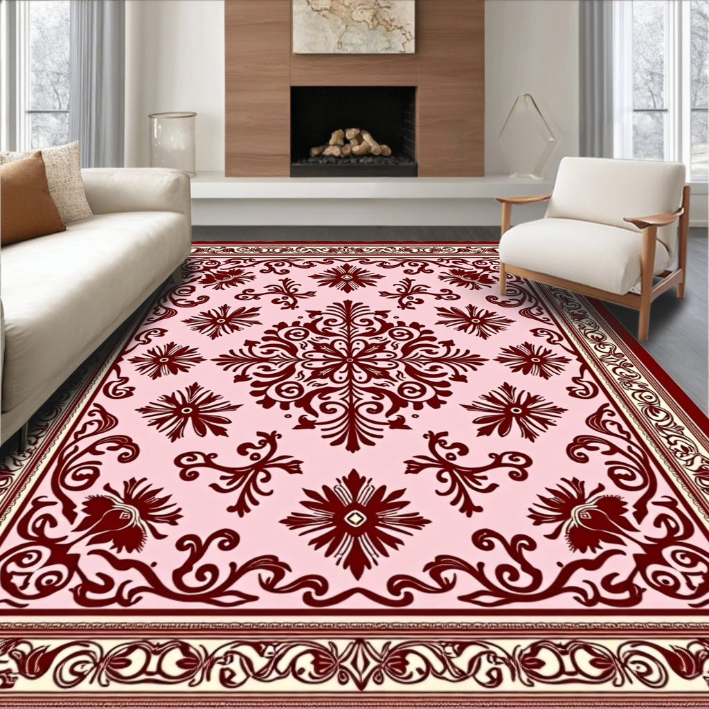 Deep Rose Damask Floral Medallion Rug