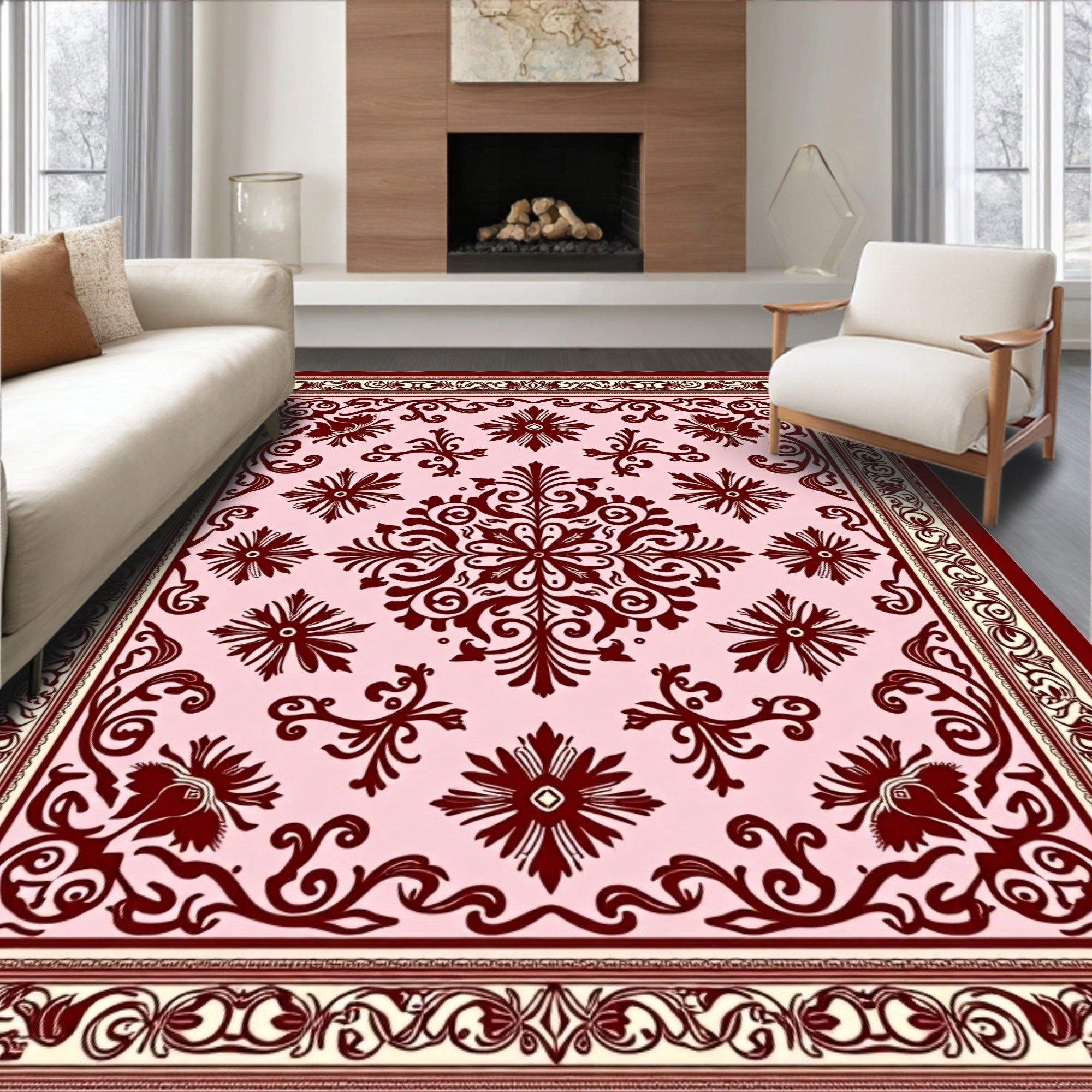 Deep Rose Damask Floral Medallion Rug