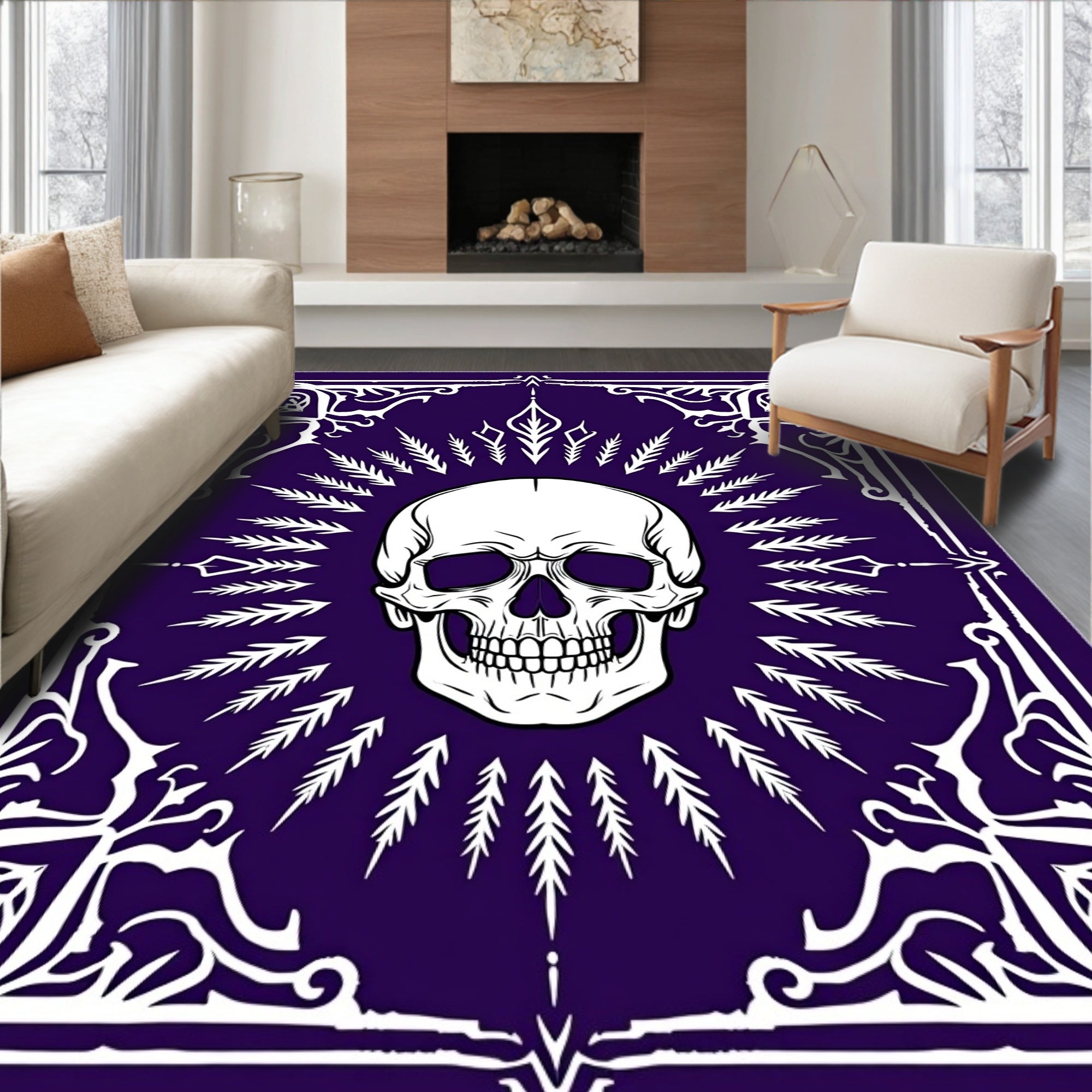 Gothic Skull White Ornate Deep Purple Rug
