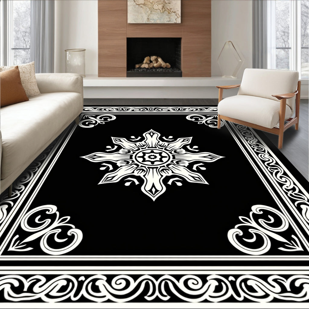 Elegant Black White Medallion Border Rug