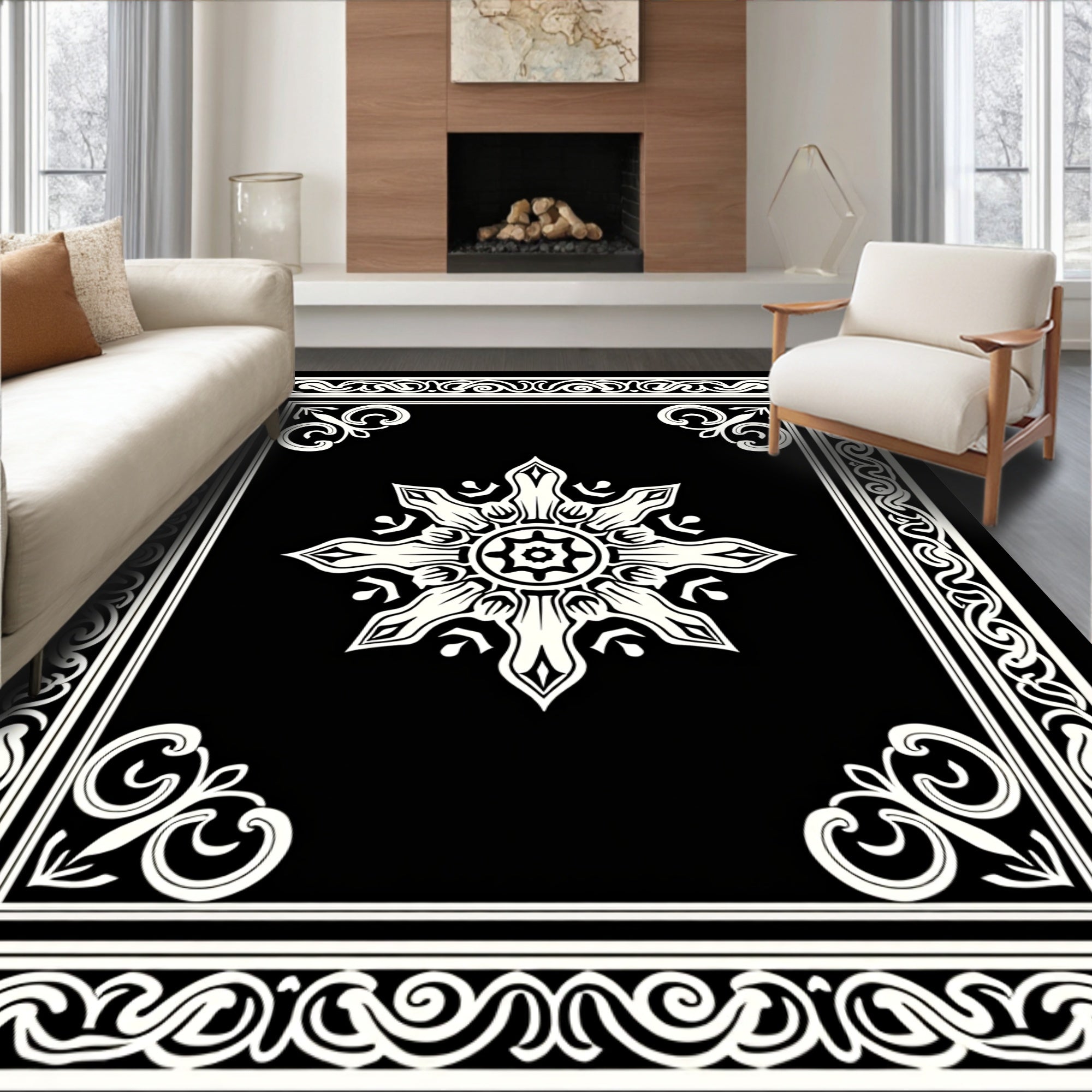 Elegant Black White Medallion Border Rug