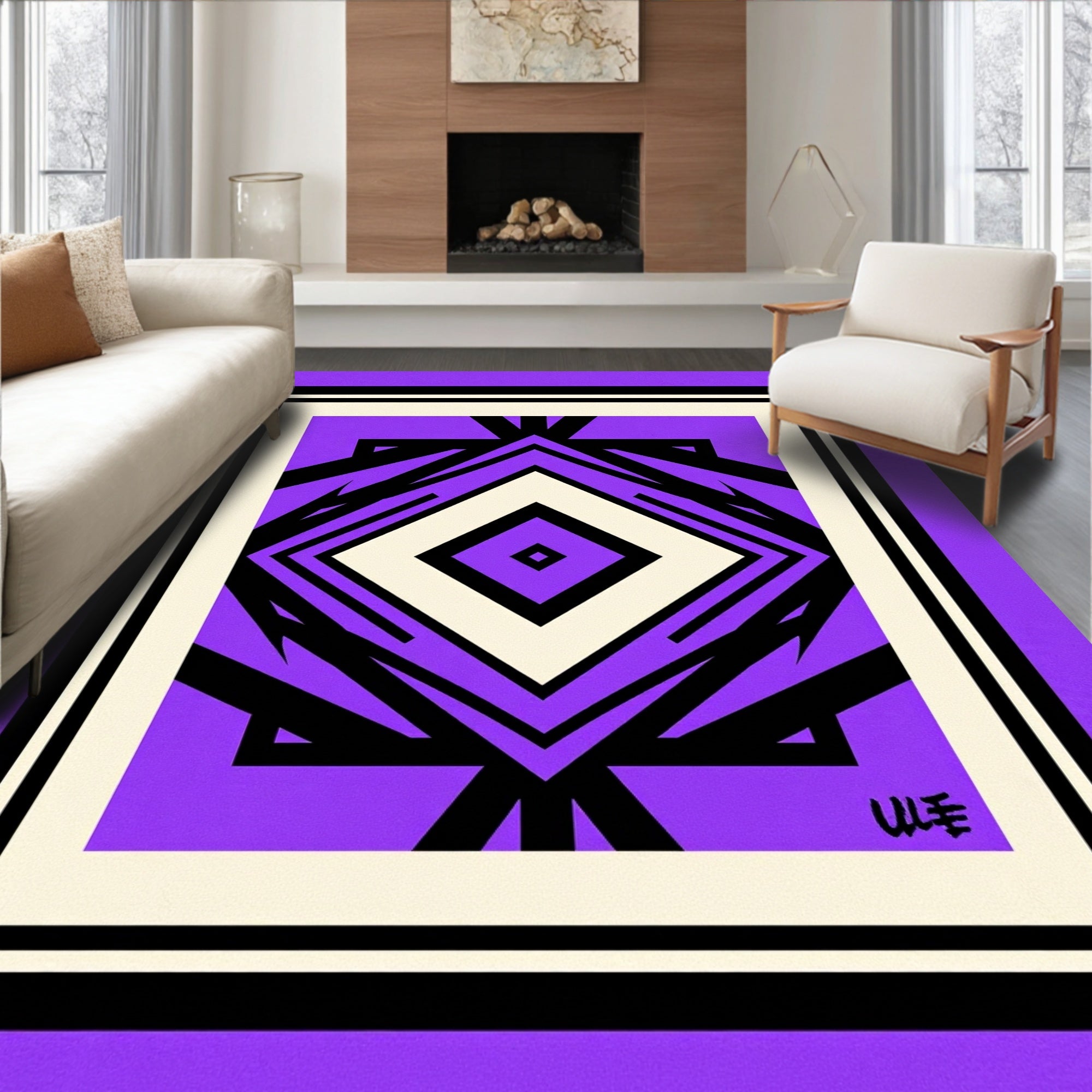Bold Purple Black Diamond Abstract Rug