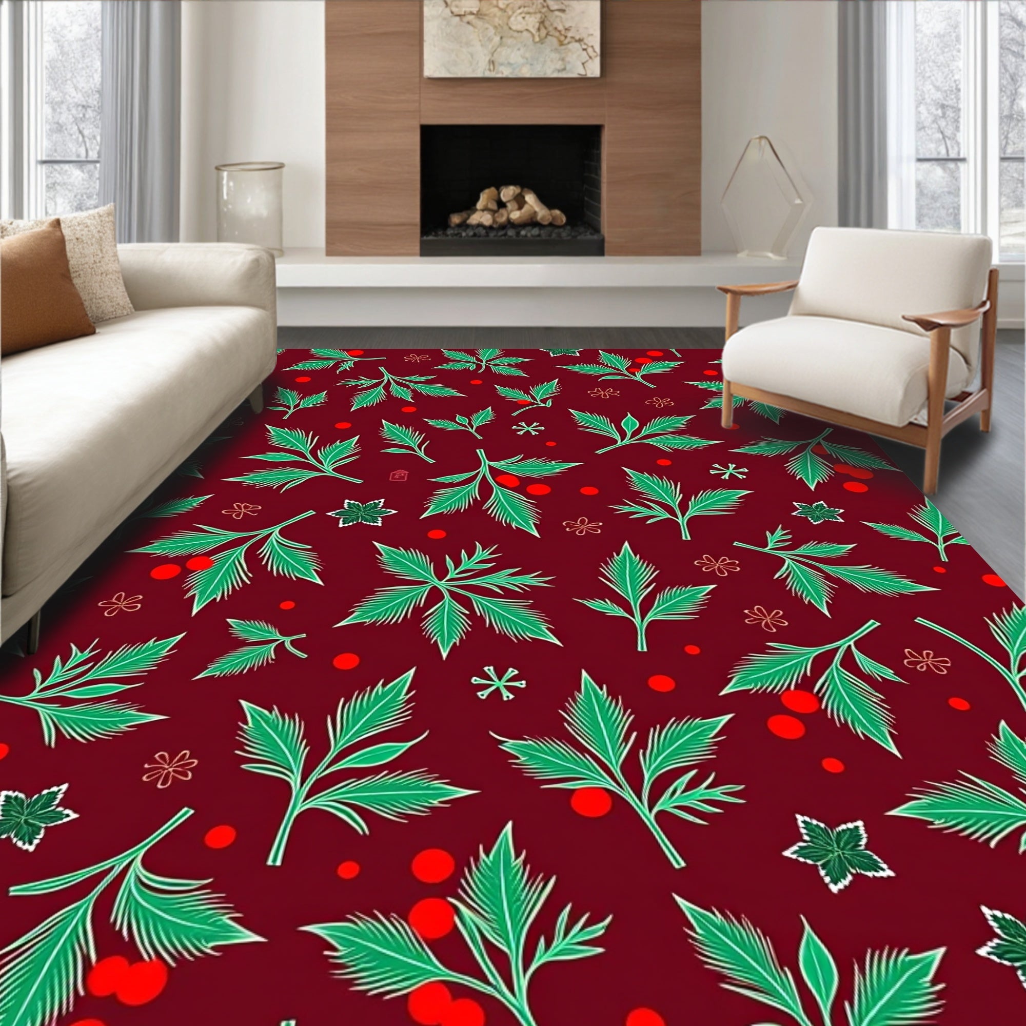 Crimson Green Leaf Berry Blossom Rug