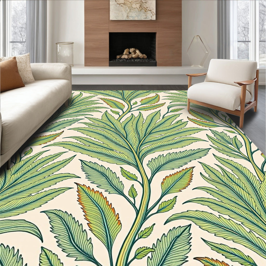 Green Fern Leaf Botanical Illustration Rug