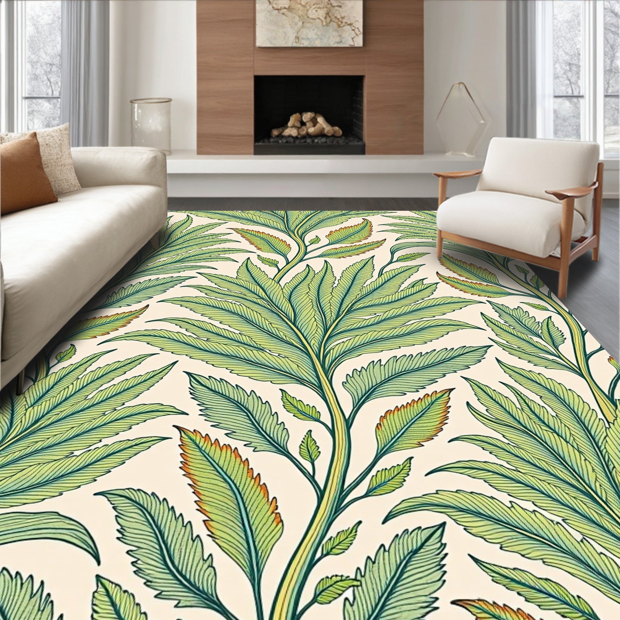 Green Fern Leaf Botanical Illustration Rug