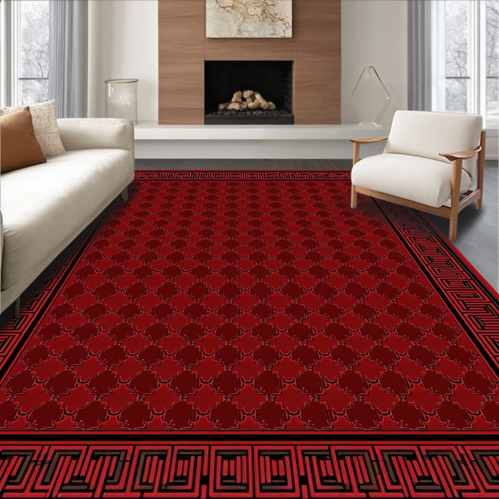 Rich Red Geometric Greek Key Rug