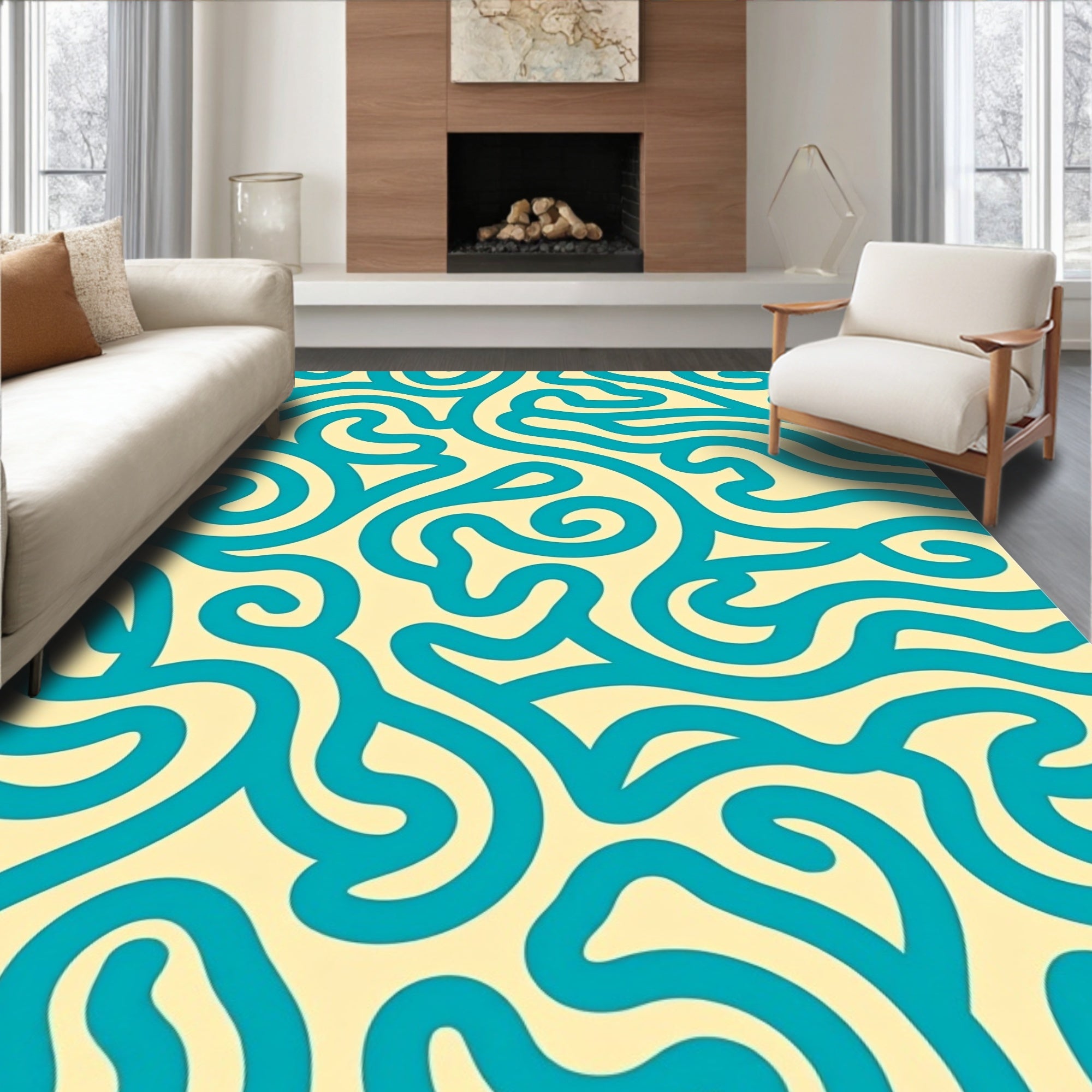 Teal Swirls on Cream Background Rug