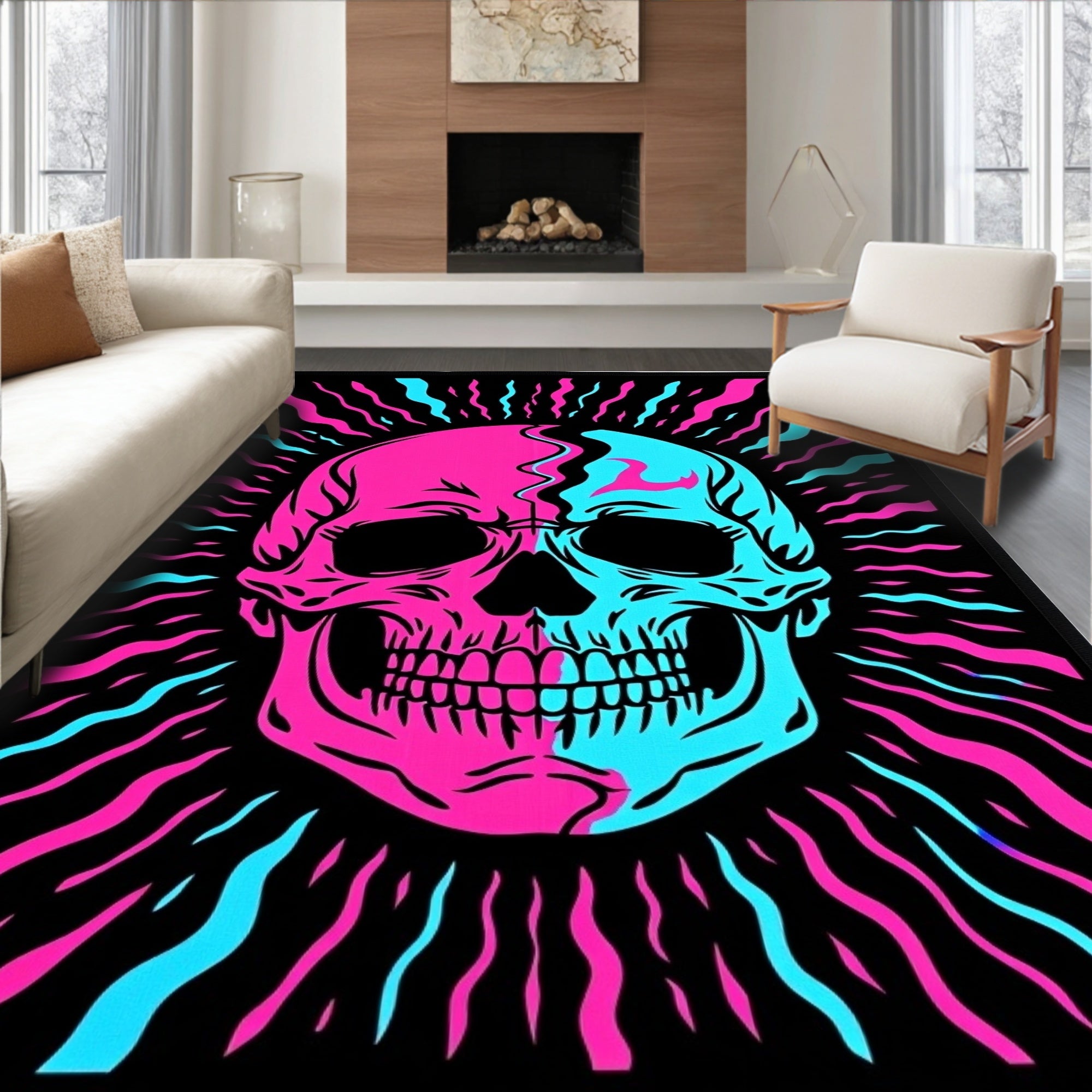 Neon Pink Cyan Skull Burst Rug