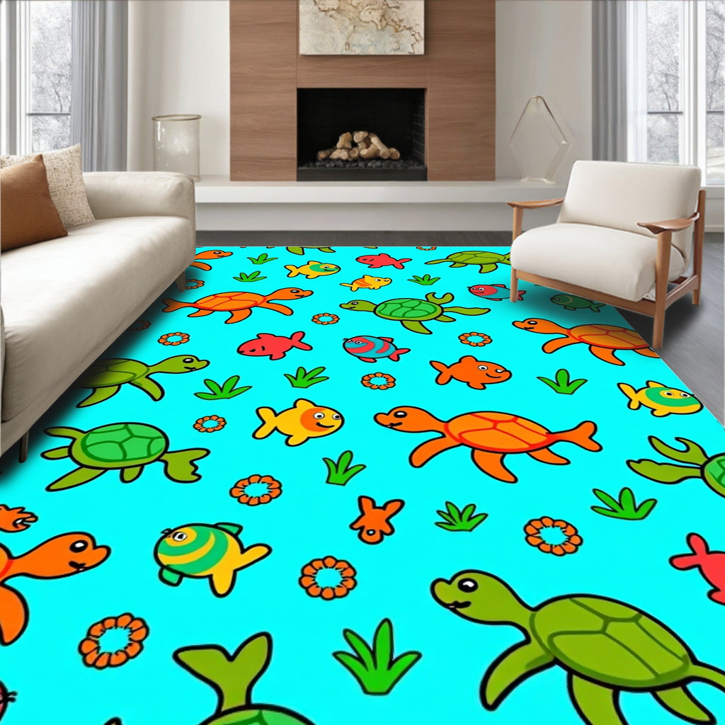 Cute Ocean Turtles and Fish Coral Rug