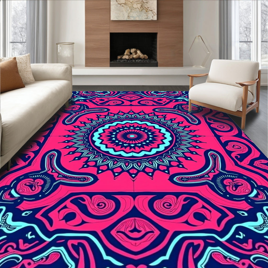 Vibrant Pink Cyan Mandala Swirl Rug