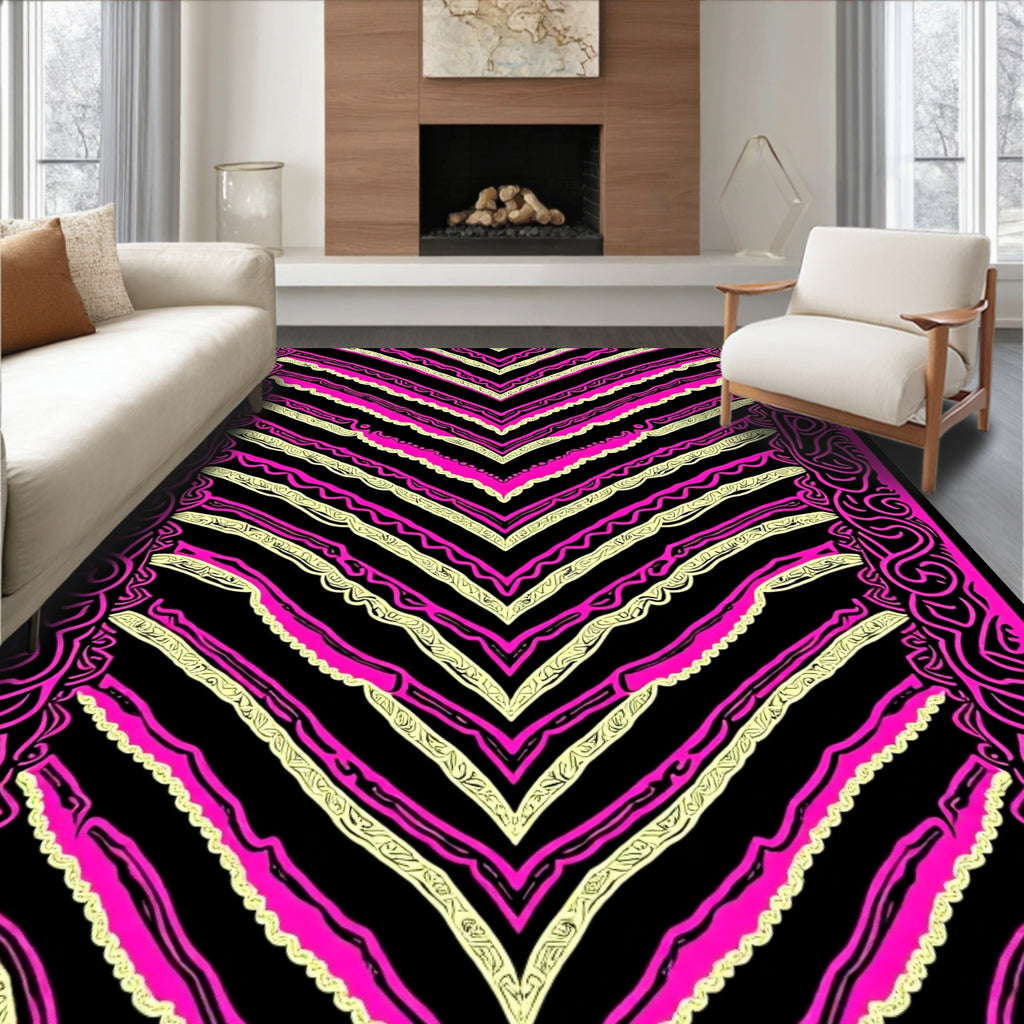 Pink Black Chevron Abstract Border Area Rug