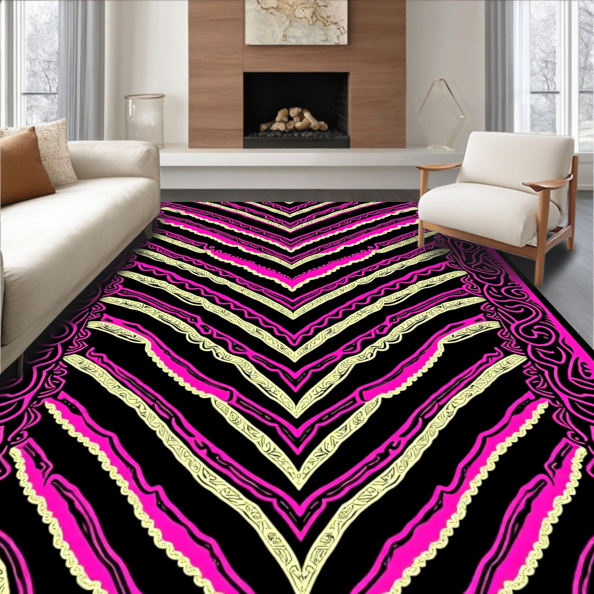 Pink Black Chevron Abstract Border Area Rug