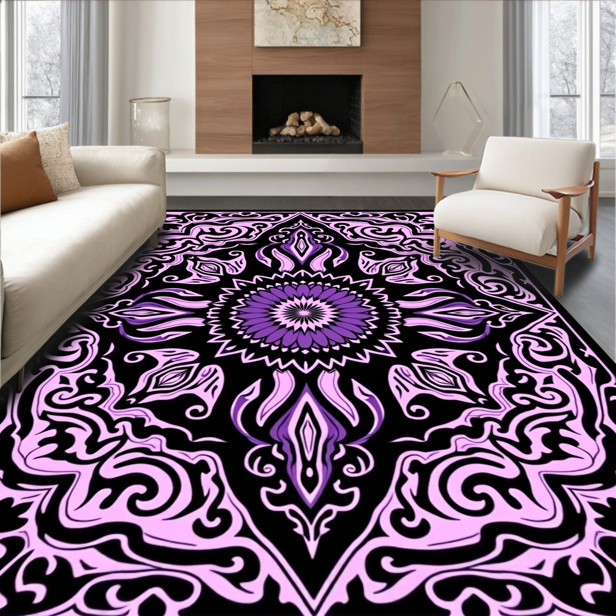 Purple Black Mandala Scroll Rug