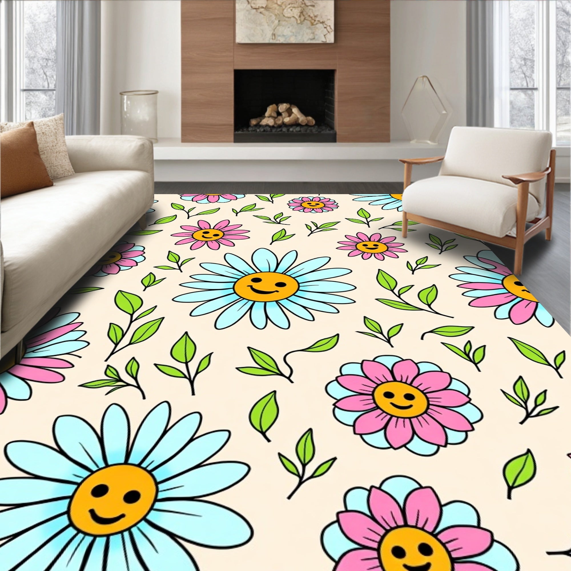 Retro Smiley Flower Garden Rug
