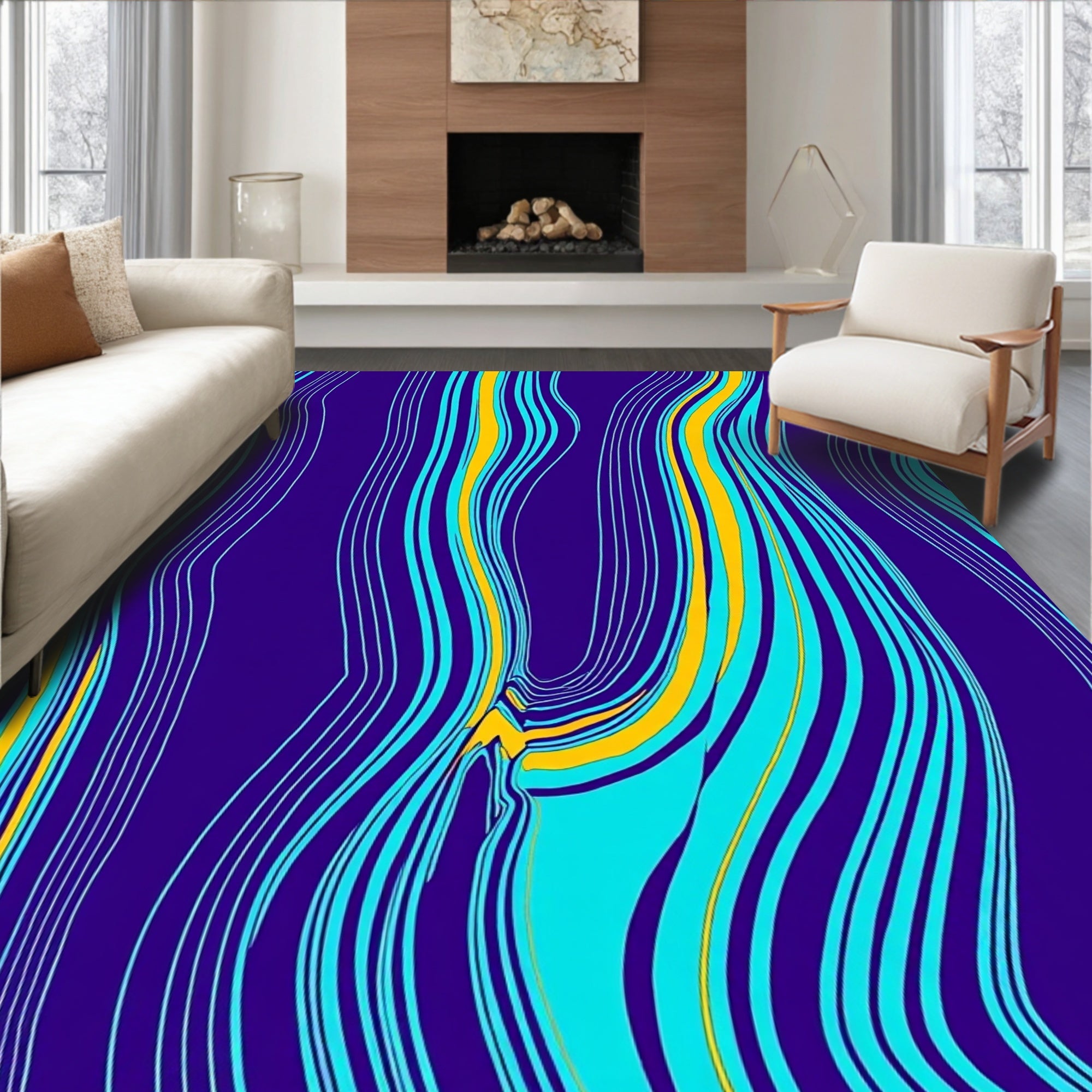 Bold Yellow Blue Wavy Stripes Rug