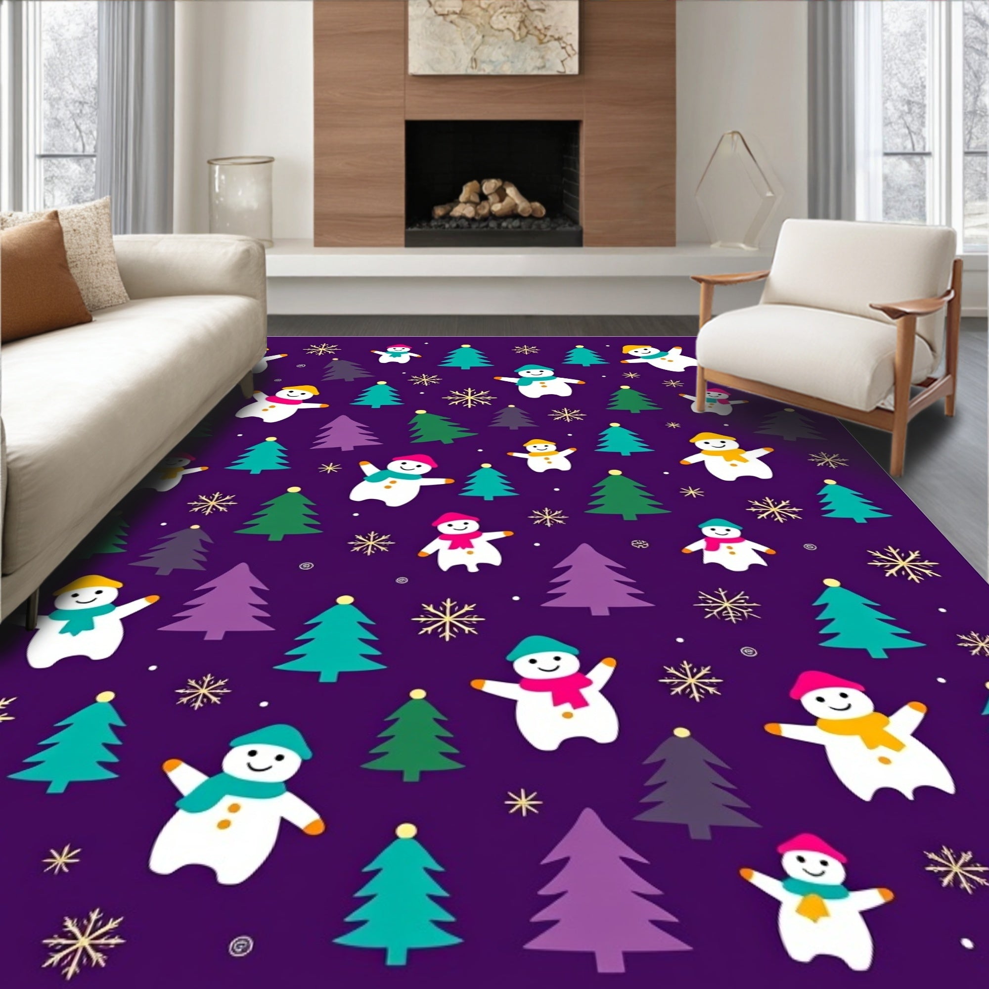 Playful Snowmen Forest Winter Scene Rug