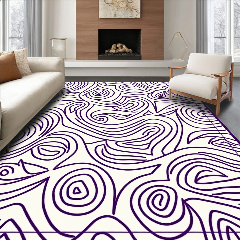 Abstract Swirls Cream Deep Purple Rug