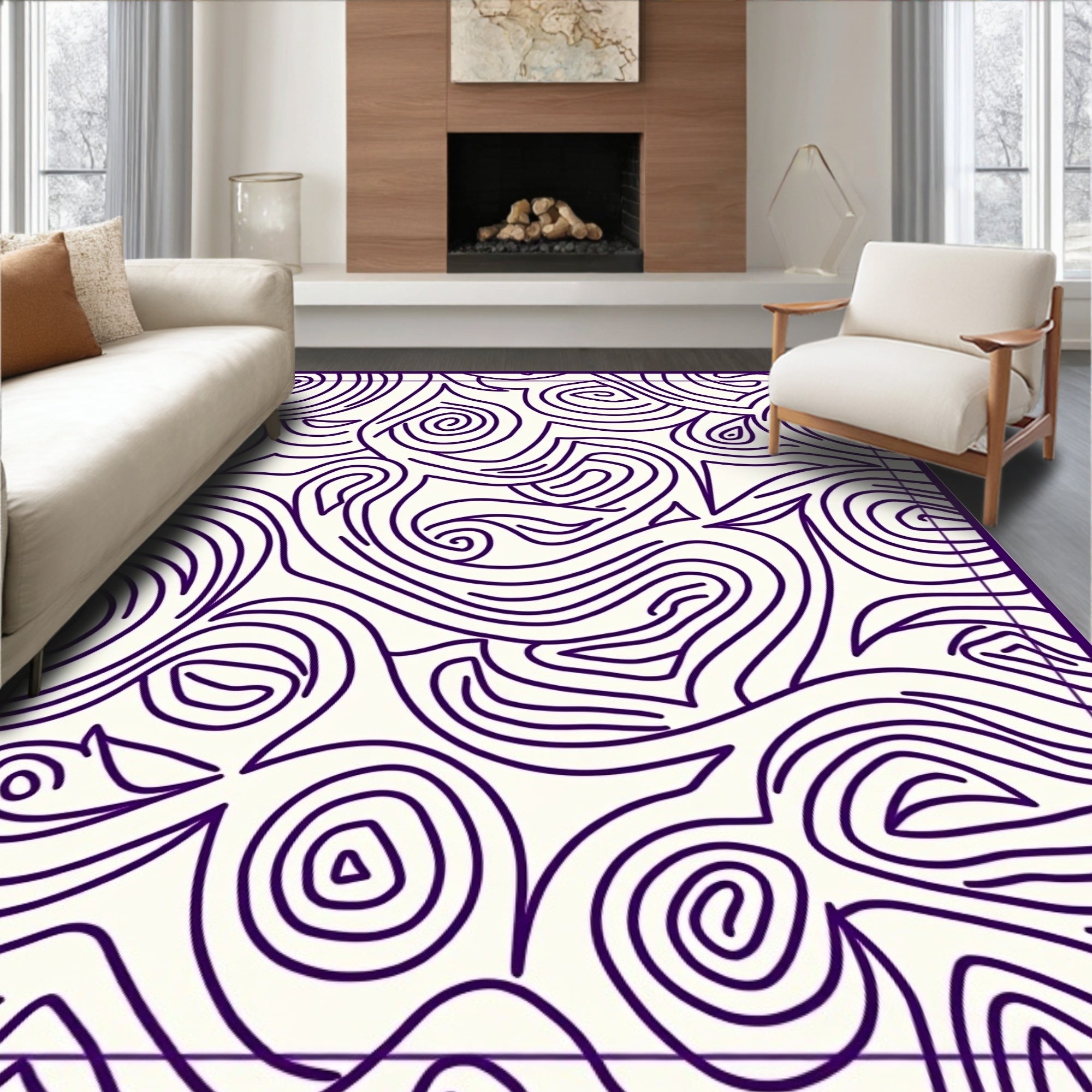 Abstract Swirls Cream Deep Purple Rug