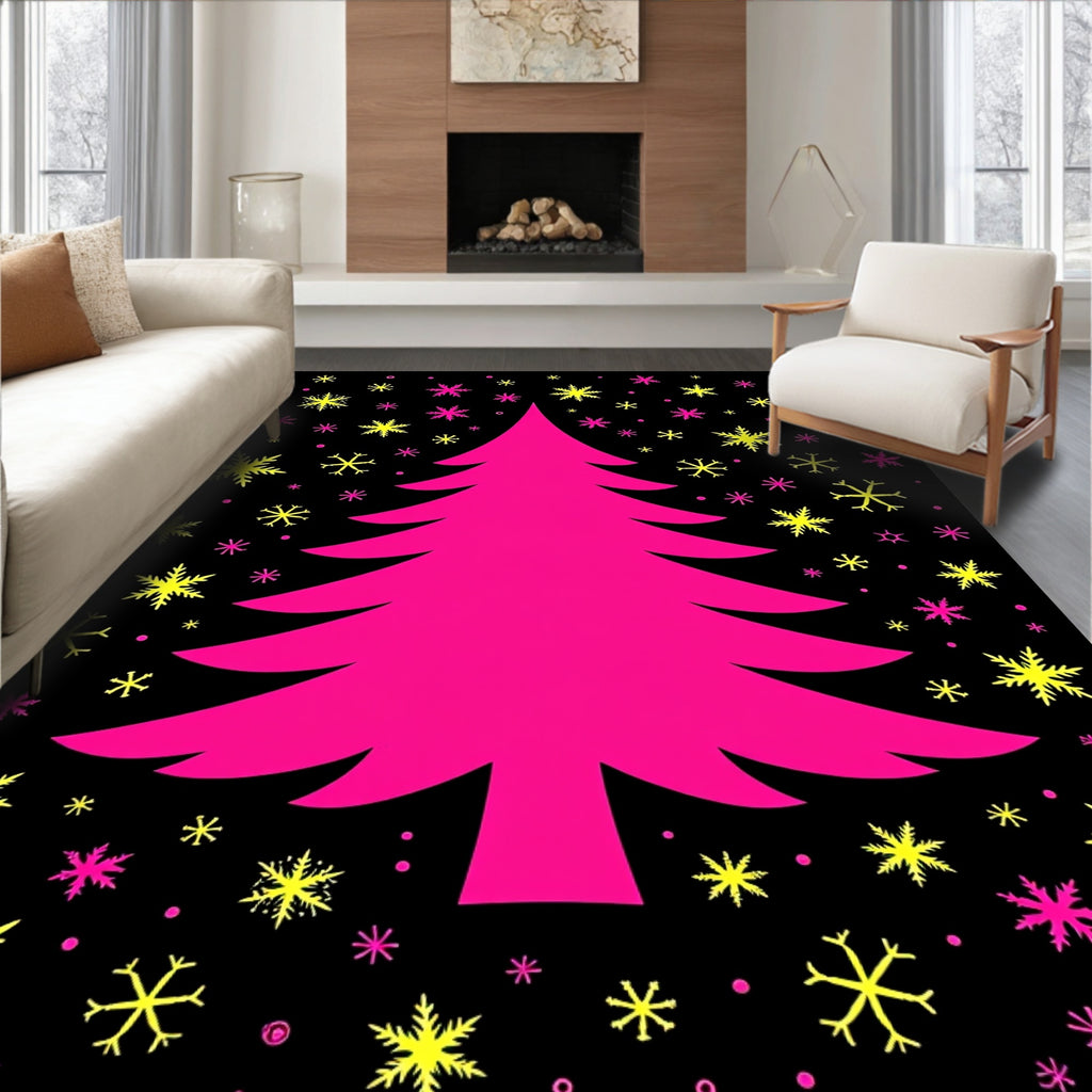 Hot Pink Christmas Tree Snowflakes Rug