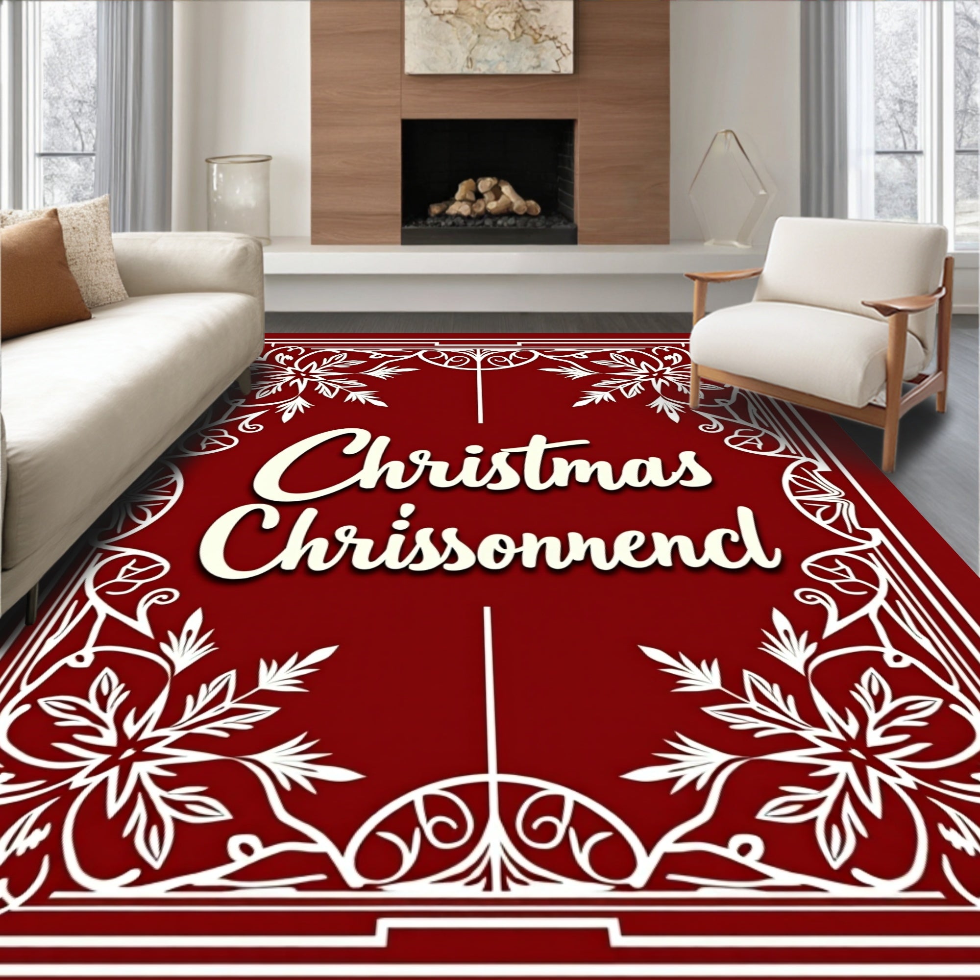 Festive Red White Swirl Border Rug